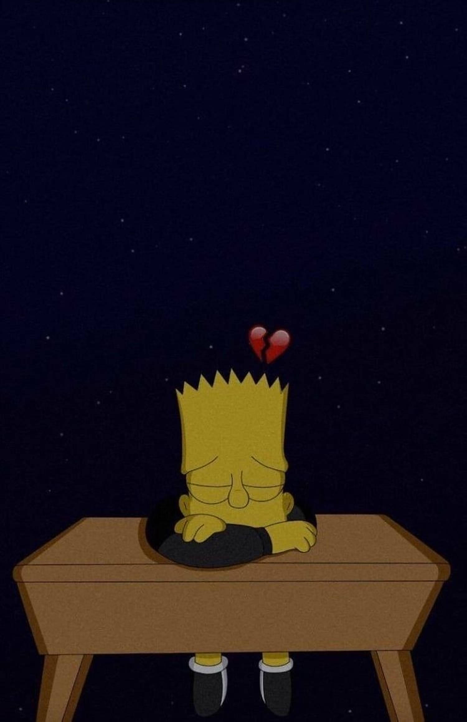 Bart Simpson, wooden desk, starry night sky, Full HD Phone Wallpaper