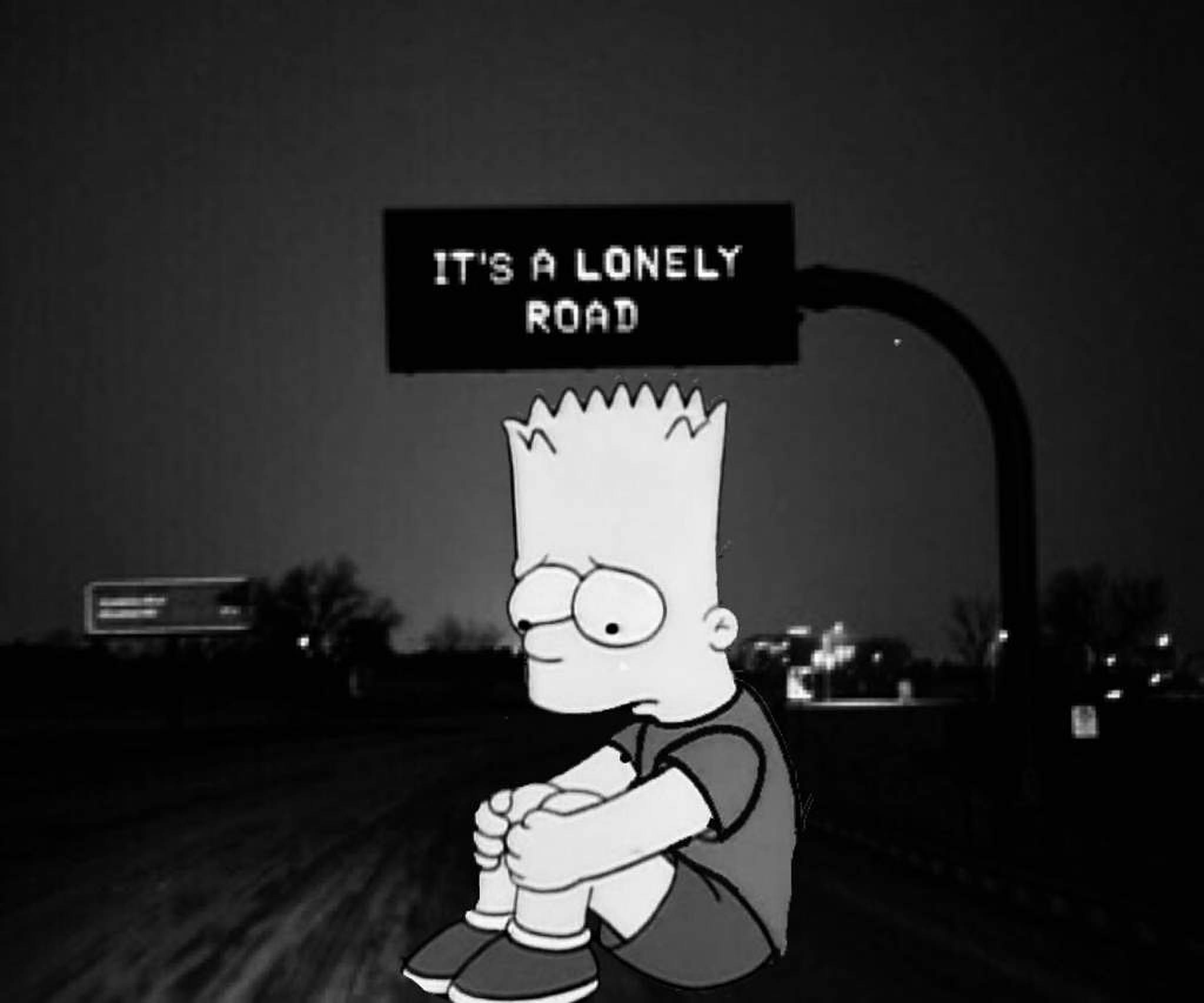 Bart Simpson, lonely road, sign reading 'IT'S A LONELY ROAD', Full HD Desktop Wallpaper