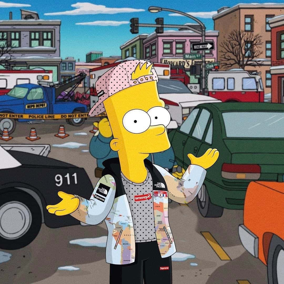 Bart Simpson, snowy urban street, cars, SD Desktop Wallpaper