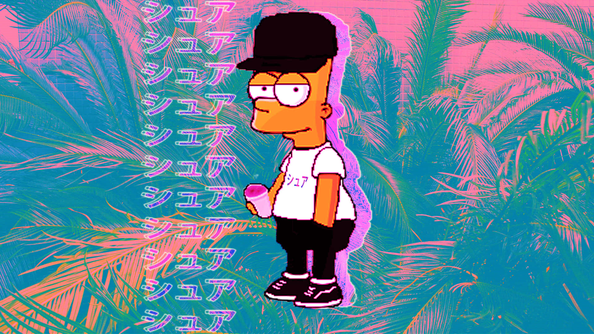 Bart Simpson, tropical scene, pink and teal palm fronds, Full HD Desktop Wallpaper