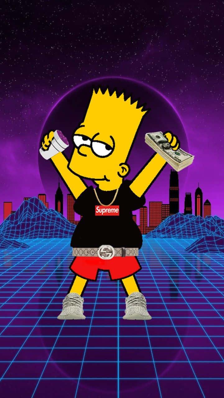 Bart Simpson, neon grid cityscape, purple starry sky, HD Phone Wallpaper