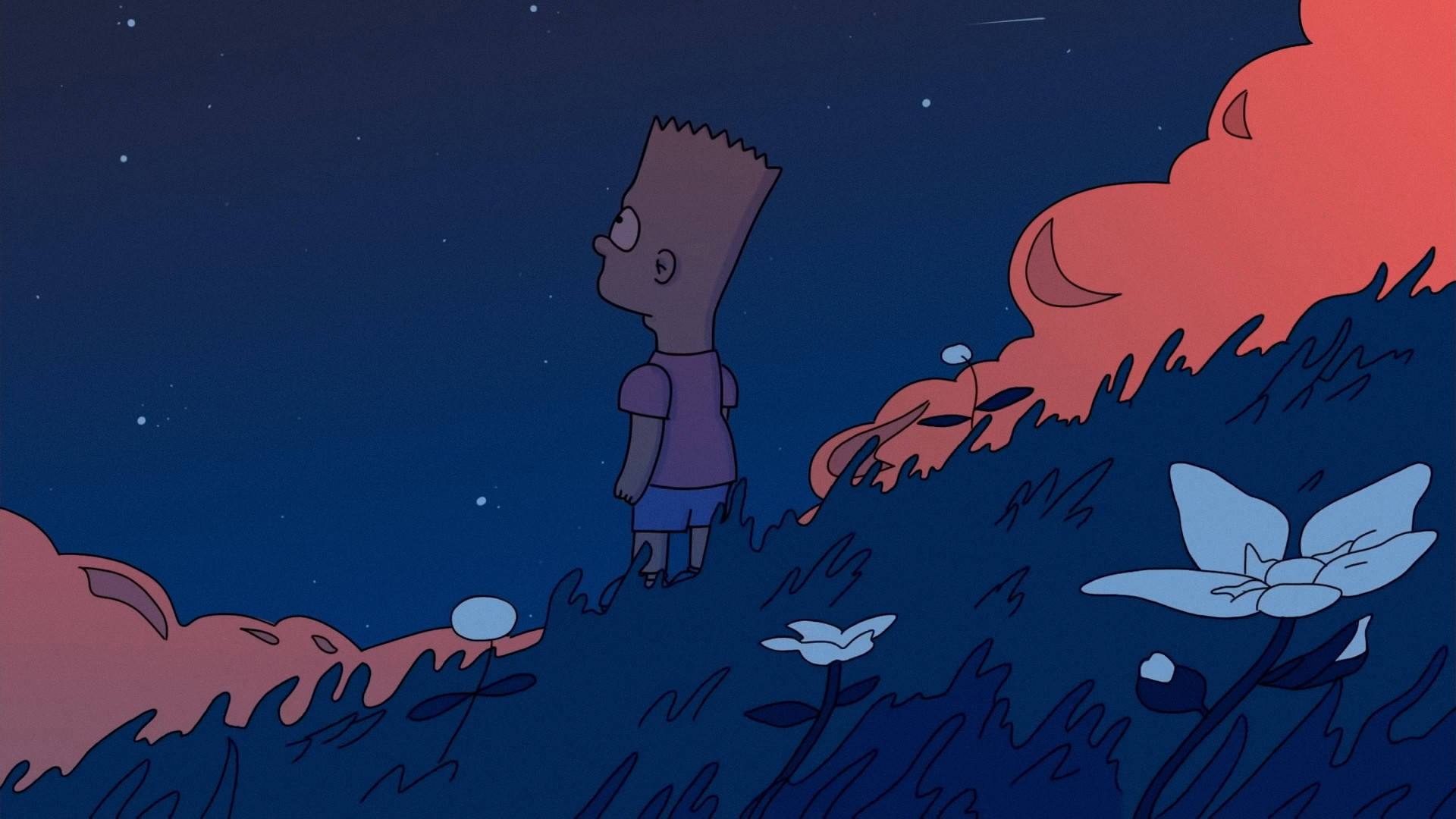 Bart Simpson, starry night sky, glowing red clouds, Full HD Desktop Wallpaper