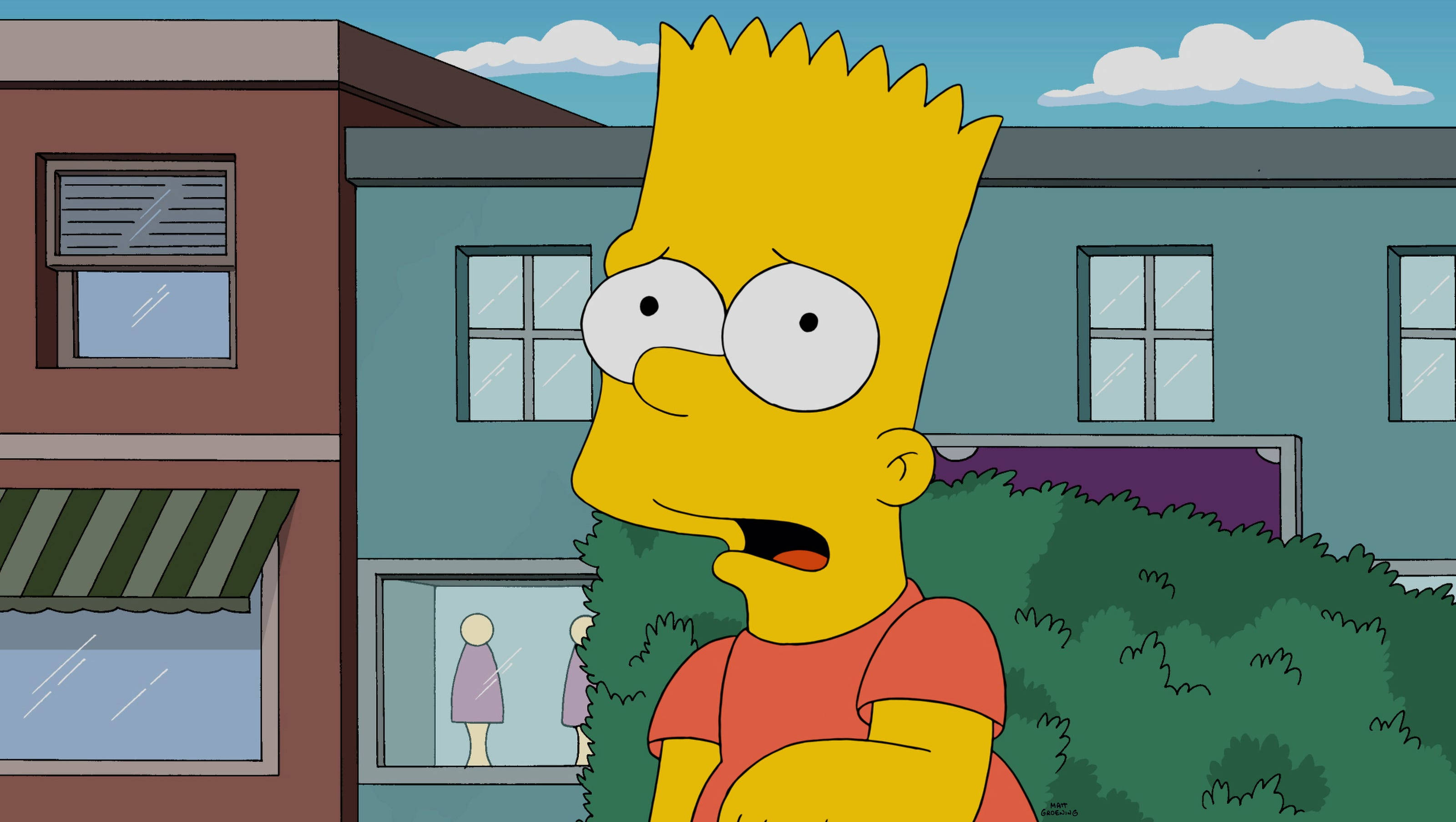 Bart Simpson, suburban houses, blue sky, 2K Desktop Wallpaper
