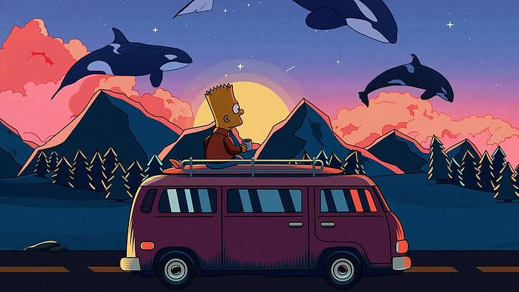 Bart Simpson, purple van, orcas, SD Desktop Wallpaper