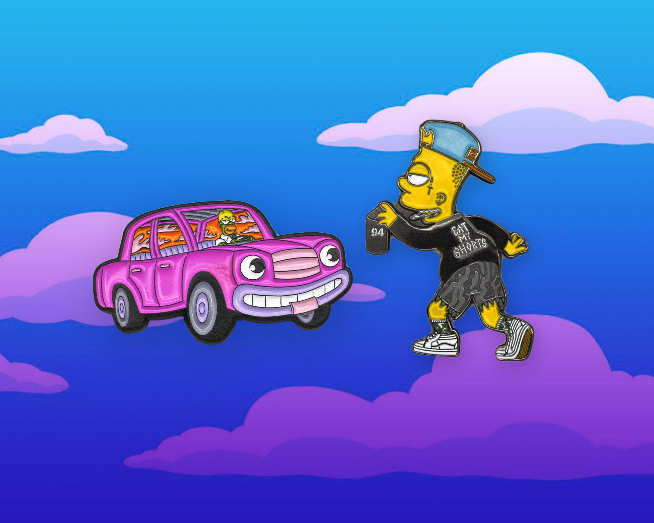 Bart Simpson, purple clouds, pink car, Full HD Desktop Wallpaper
