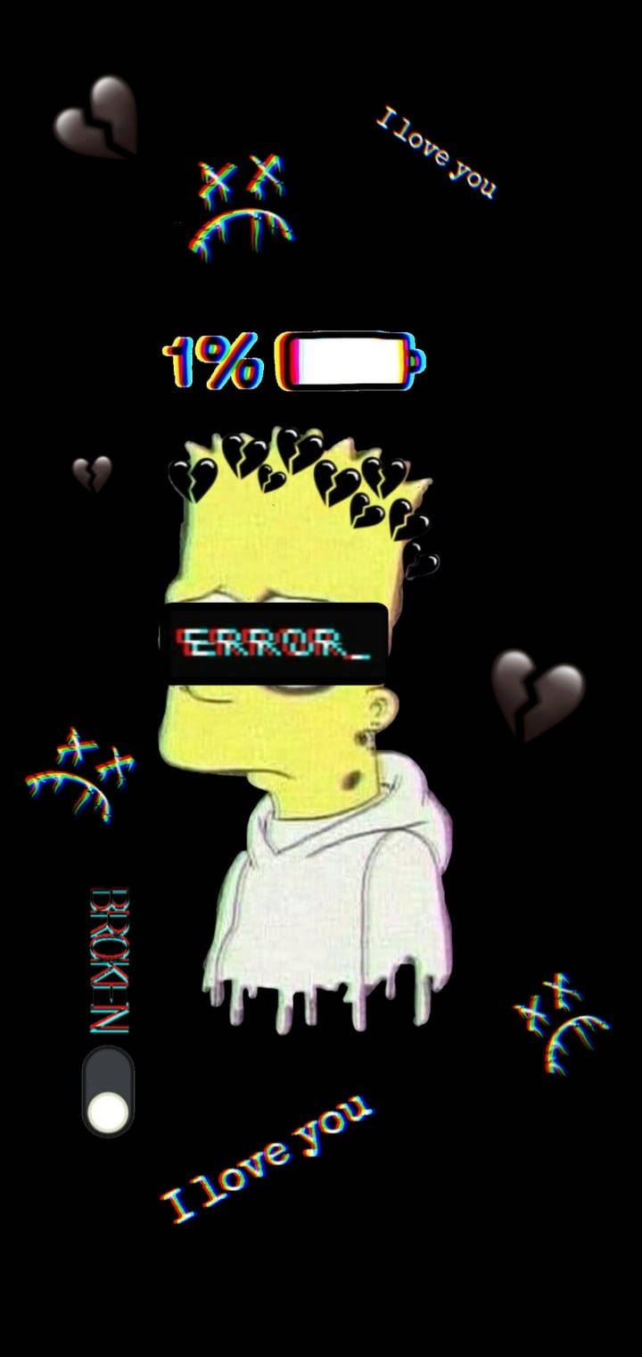 Bart Simpson, 1% battery, ERROR glitch overlay, HD Phone Wallpaper