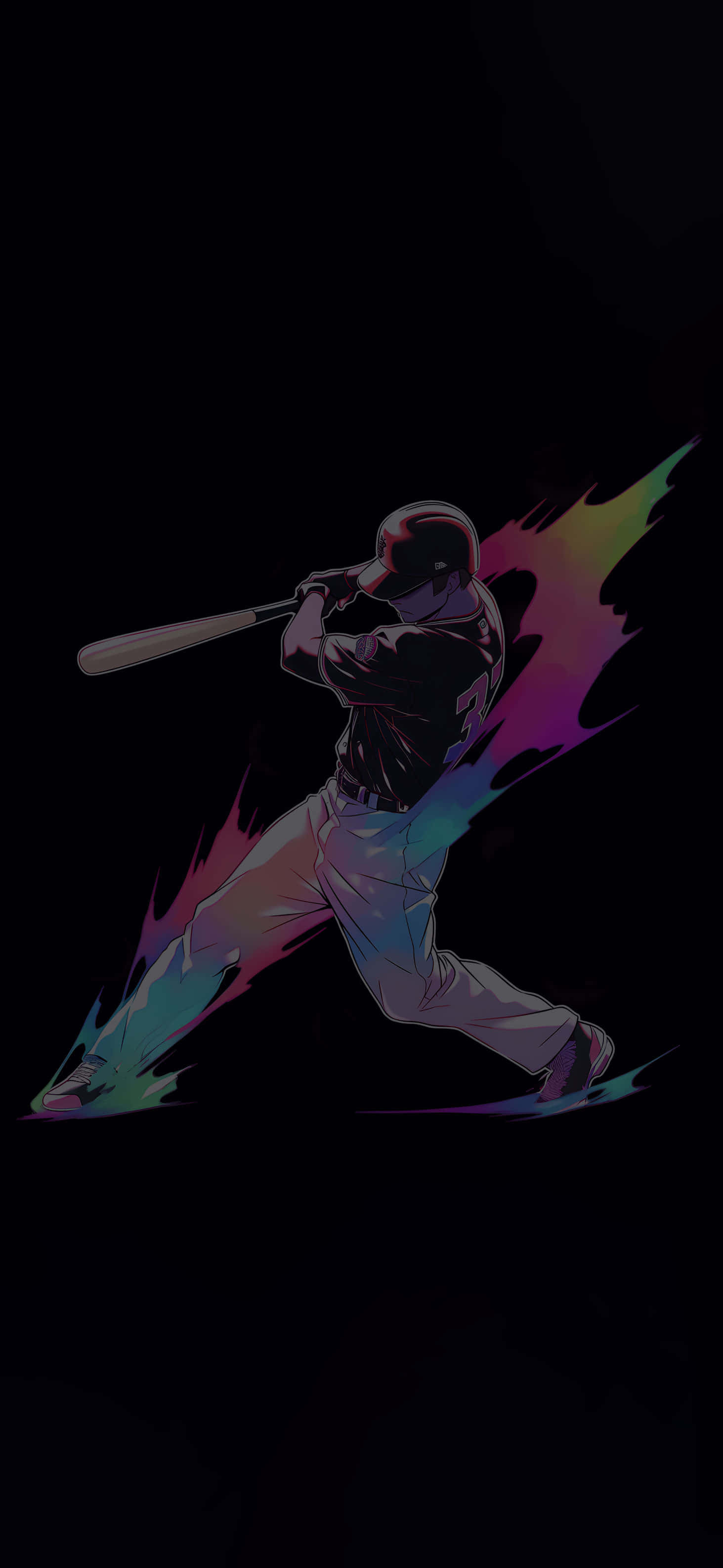 Baseball Swing, rainbow energy bursts, black background, 2K Phone Wallpaper