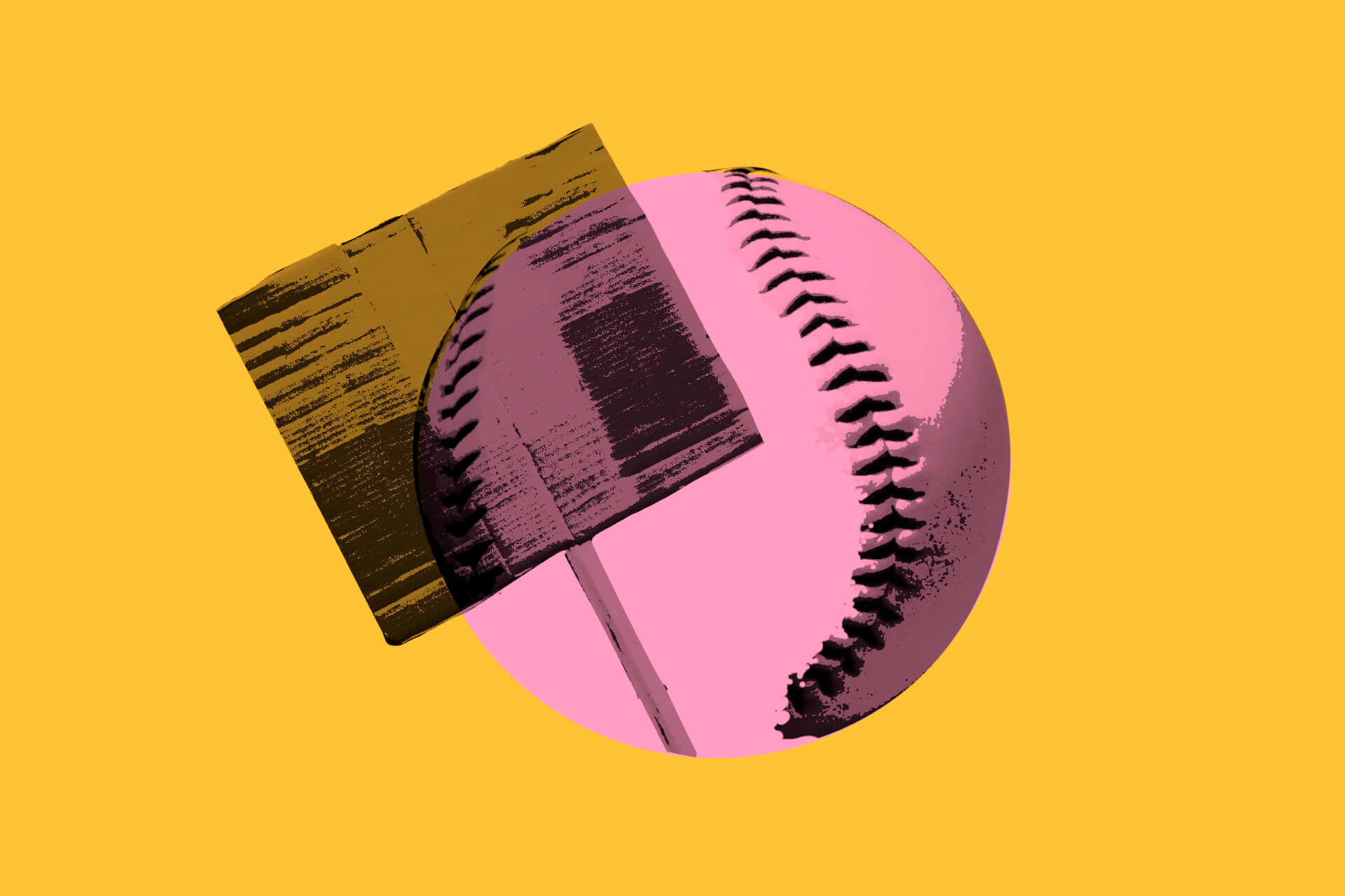 abstract baseball art, yellow background, pink and gold halves, Full HD Desktop Wallpaper