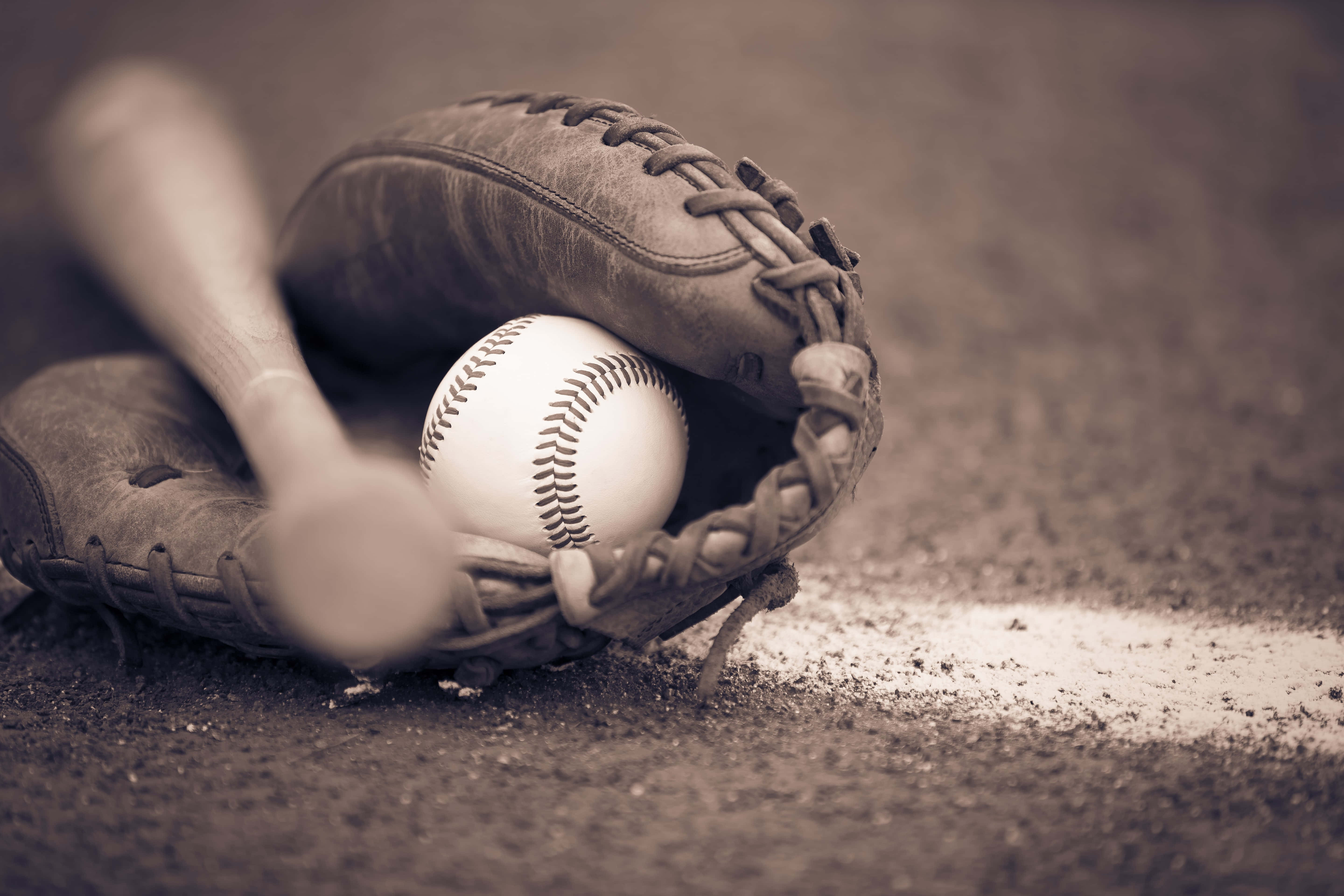 vintage baseball glove, white baseball with red stitching, wooden bat, 5K Desktop Wallpaper