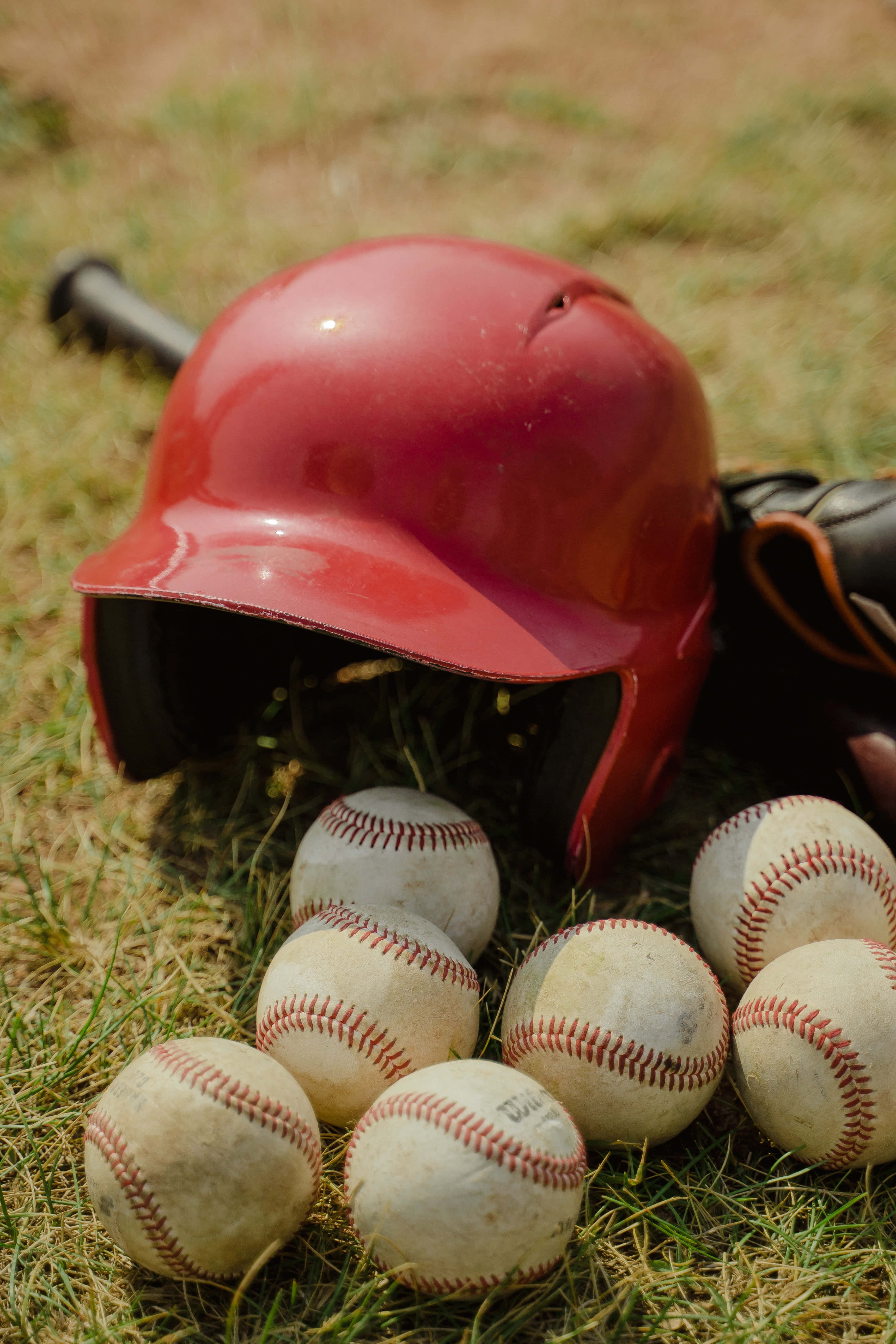 baseball bat, red baseball helmet, worn balls, 5K Phone Wallpaper
