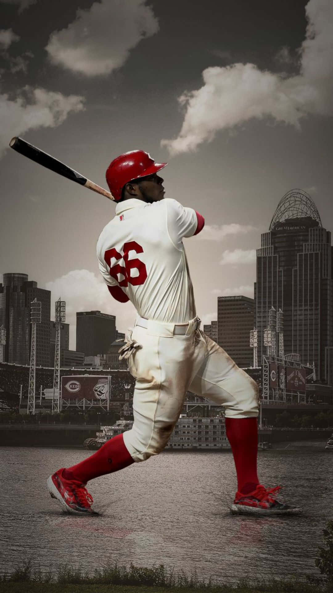 baseball bat, white and red uniform, dramatic city skyline, Full HD Phone Wallpaper