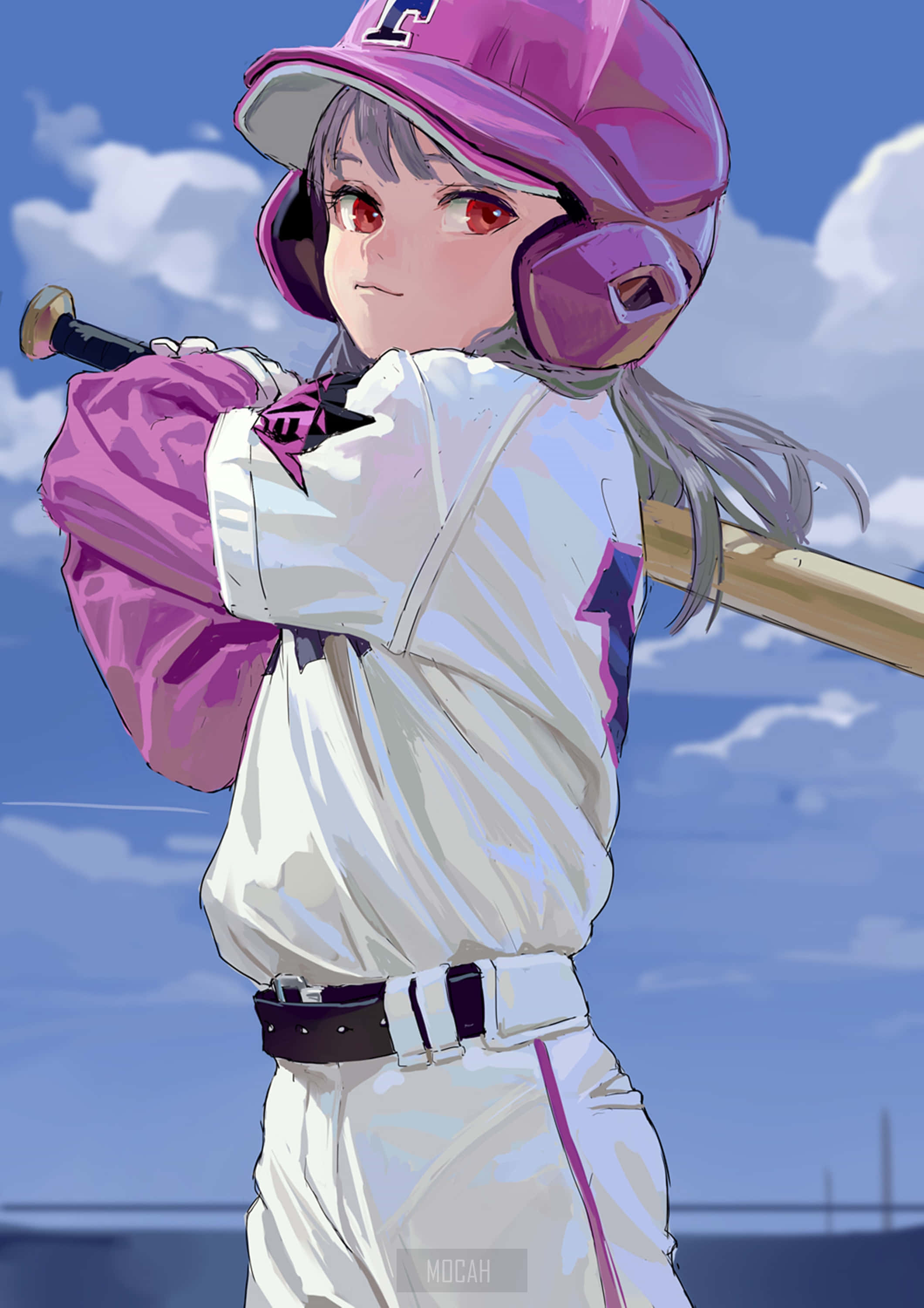 anime girl, pink baseball uniform, bright blue sky, 2K Phone Wallpaper