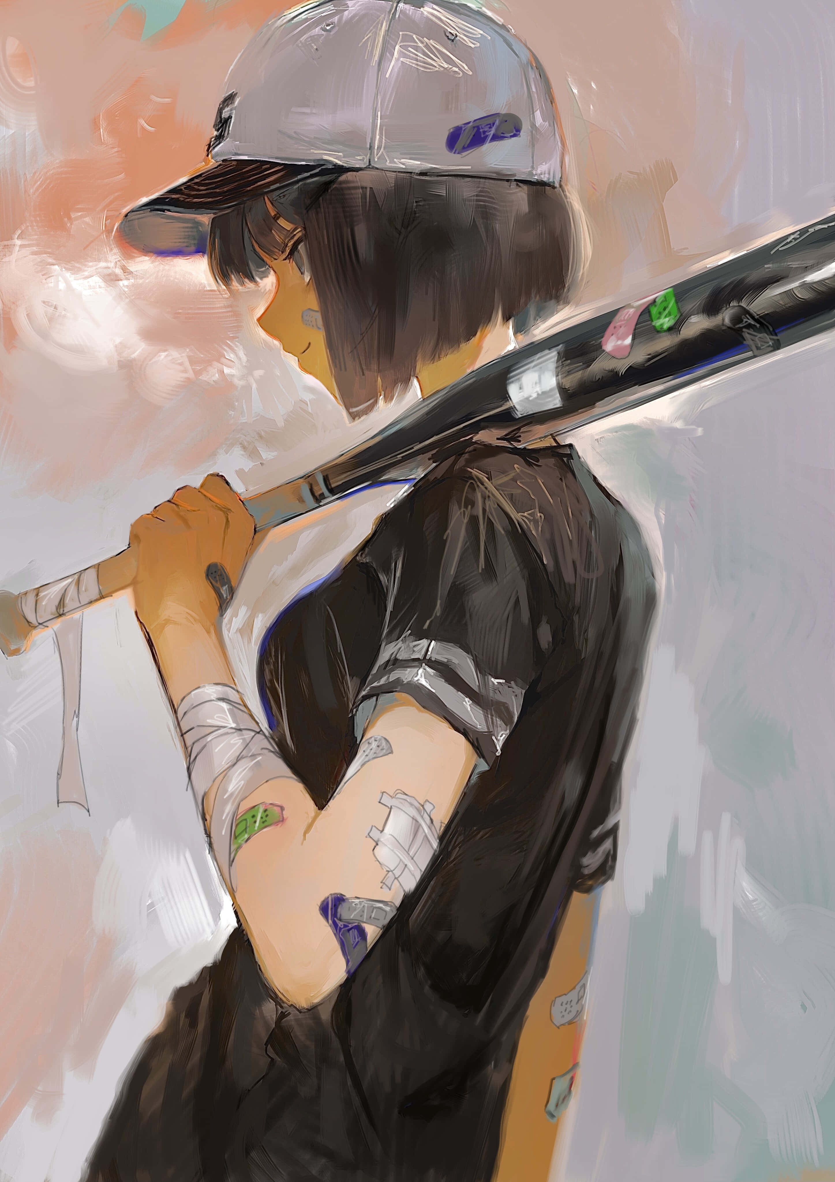 baseball bat, cap, bandaged arm, 4K Phone Wallpaper