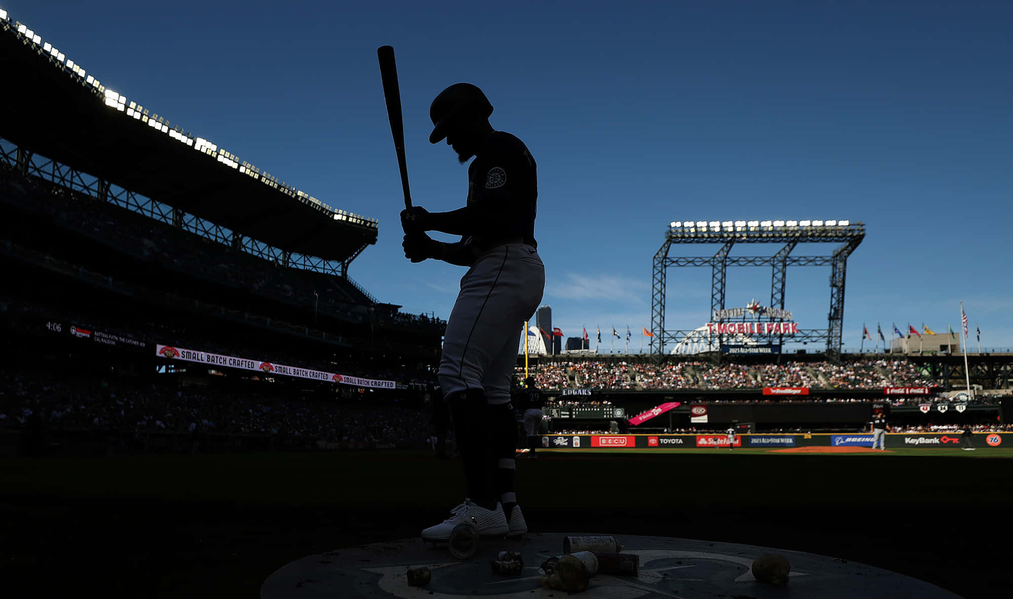 Baseball bat, home plate, bright blue sky, Full HD Desktop Wallpaper