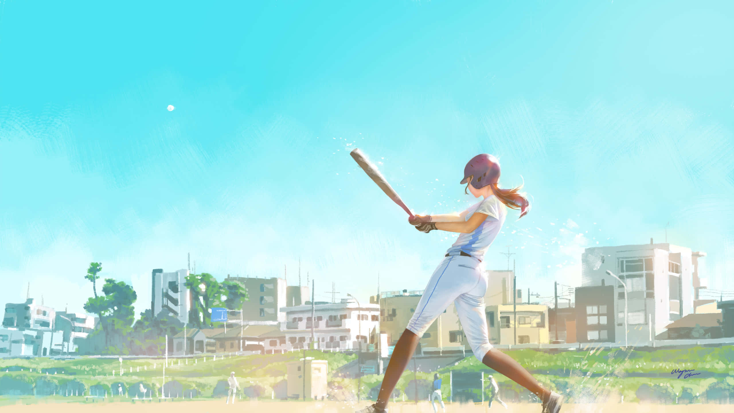 baseball bat, young female baseball player, bright blue sky, 2K Desktop Wallpaper