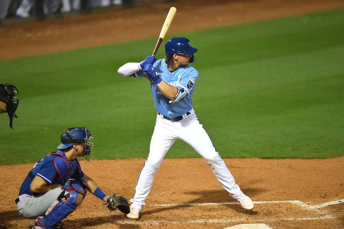 baseball batter, blue uniform, stadium lights, SD Desktop Wallpaper