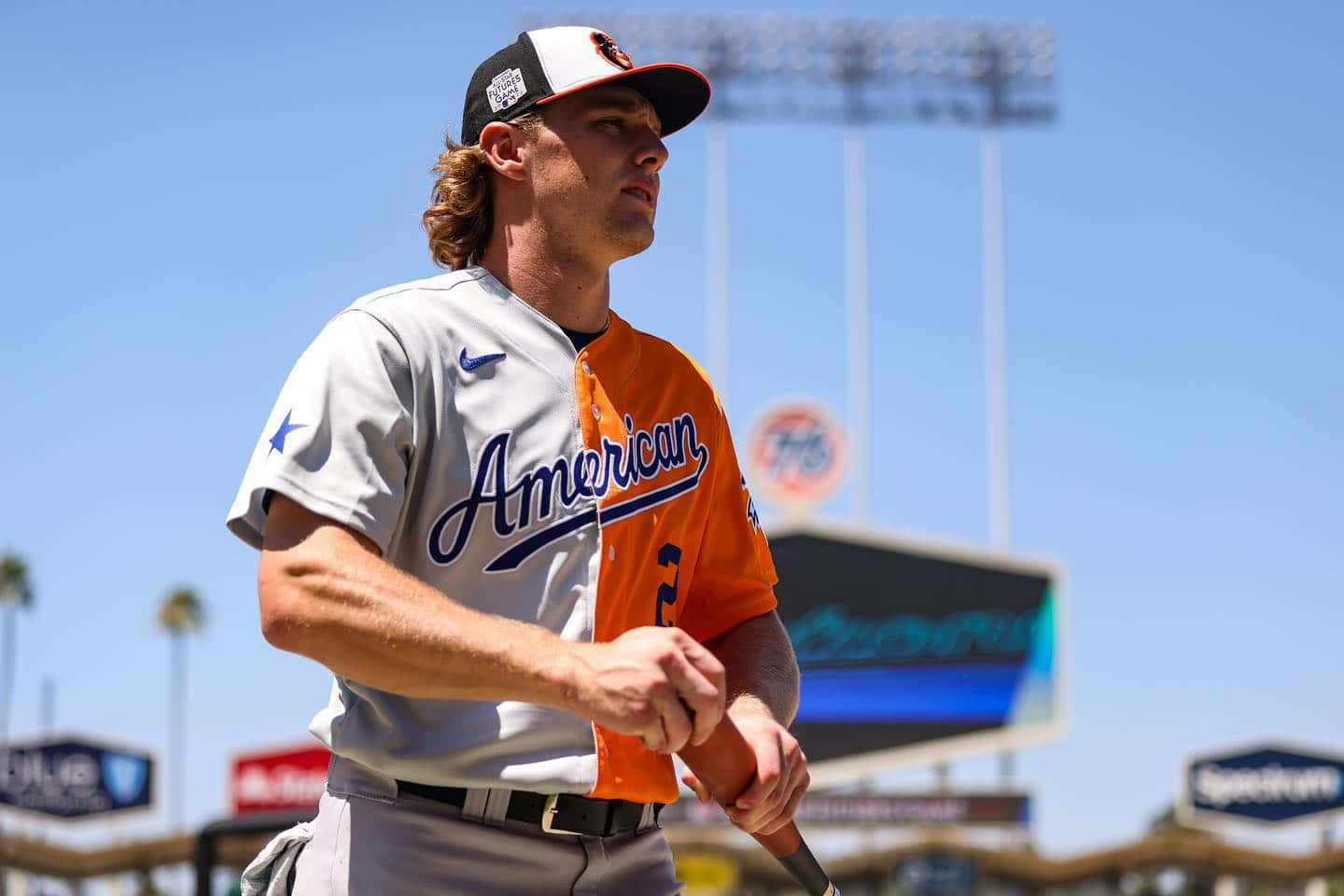 baseball player, gray and orange American team jersey, bat, HD Desktop Wallpaper