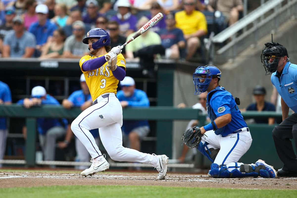 baseball player, yellow and purple uniform, bat, SD Desktop Wallpaper