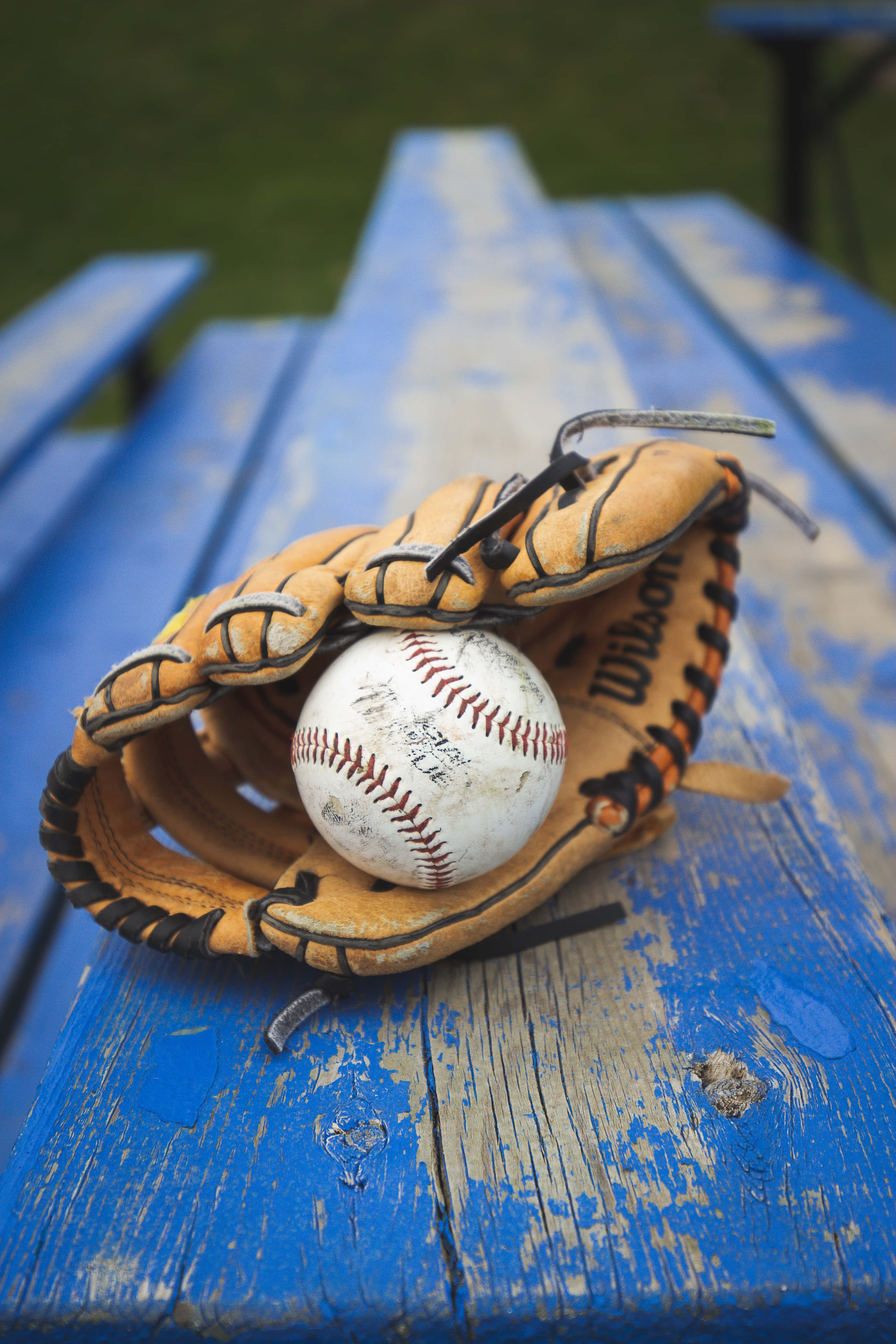 baseball glove, signed ball, chipped blue picnic table, 5K Phone Wallpaper
