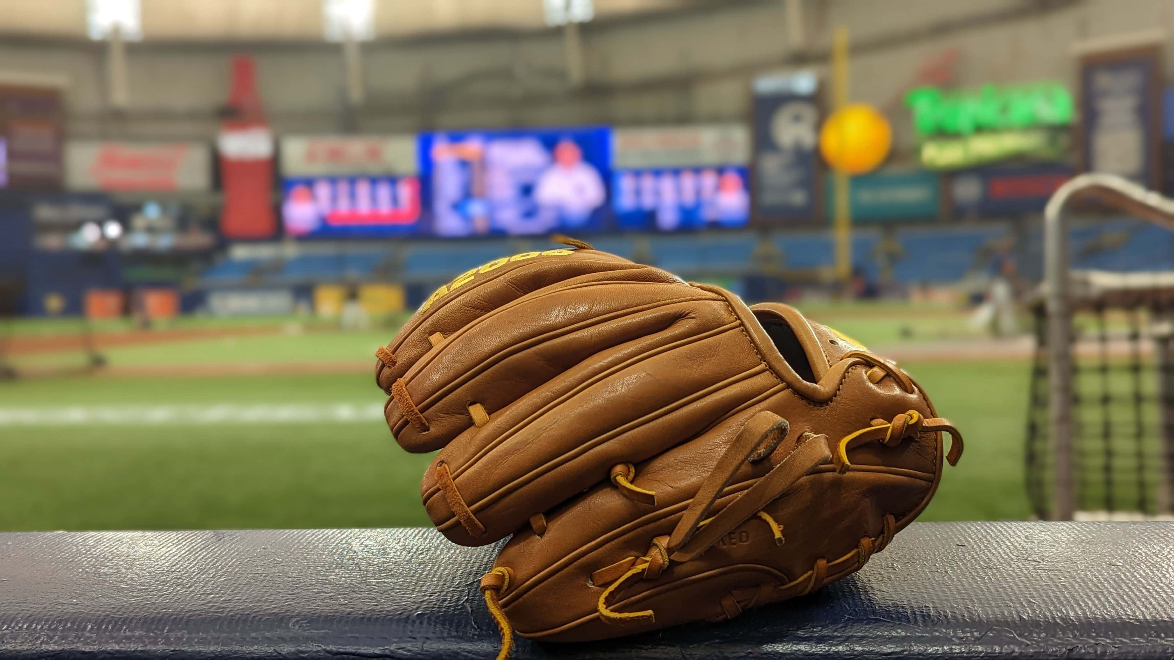 brown baseball glove, dugout bench, stadium field, 4K Desktop Wallpaper