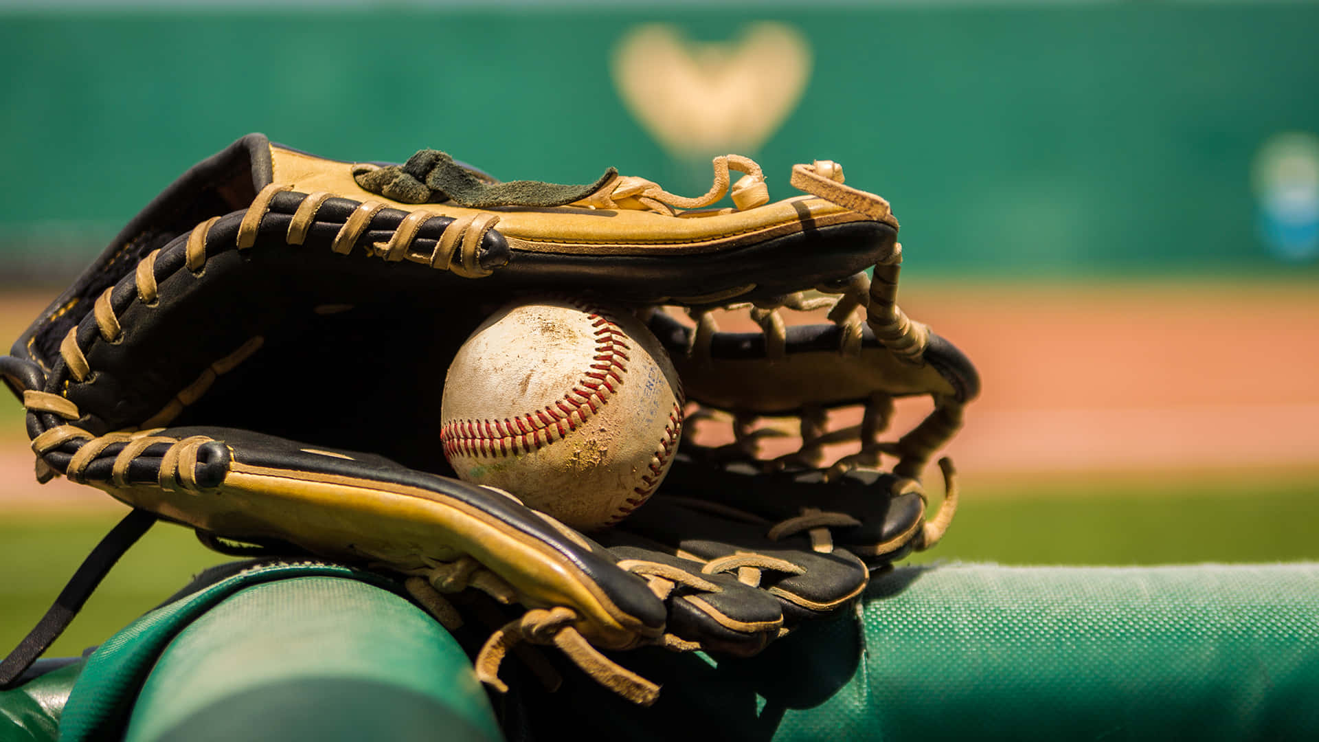 baseball glove, scuffed baseball, blurred green field backdrop, Full HD Desktop Wallpaper