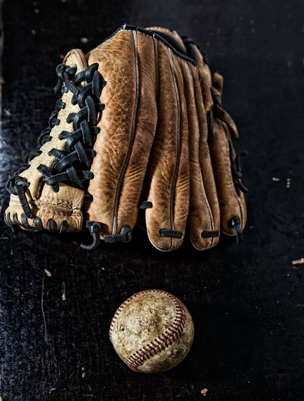 brown leather baseball glove, scuffed baseball, dark textured surface, HD Phone Wallpaper
