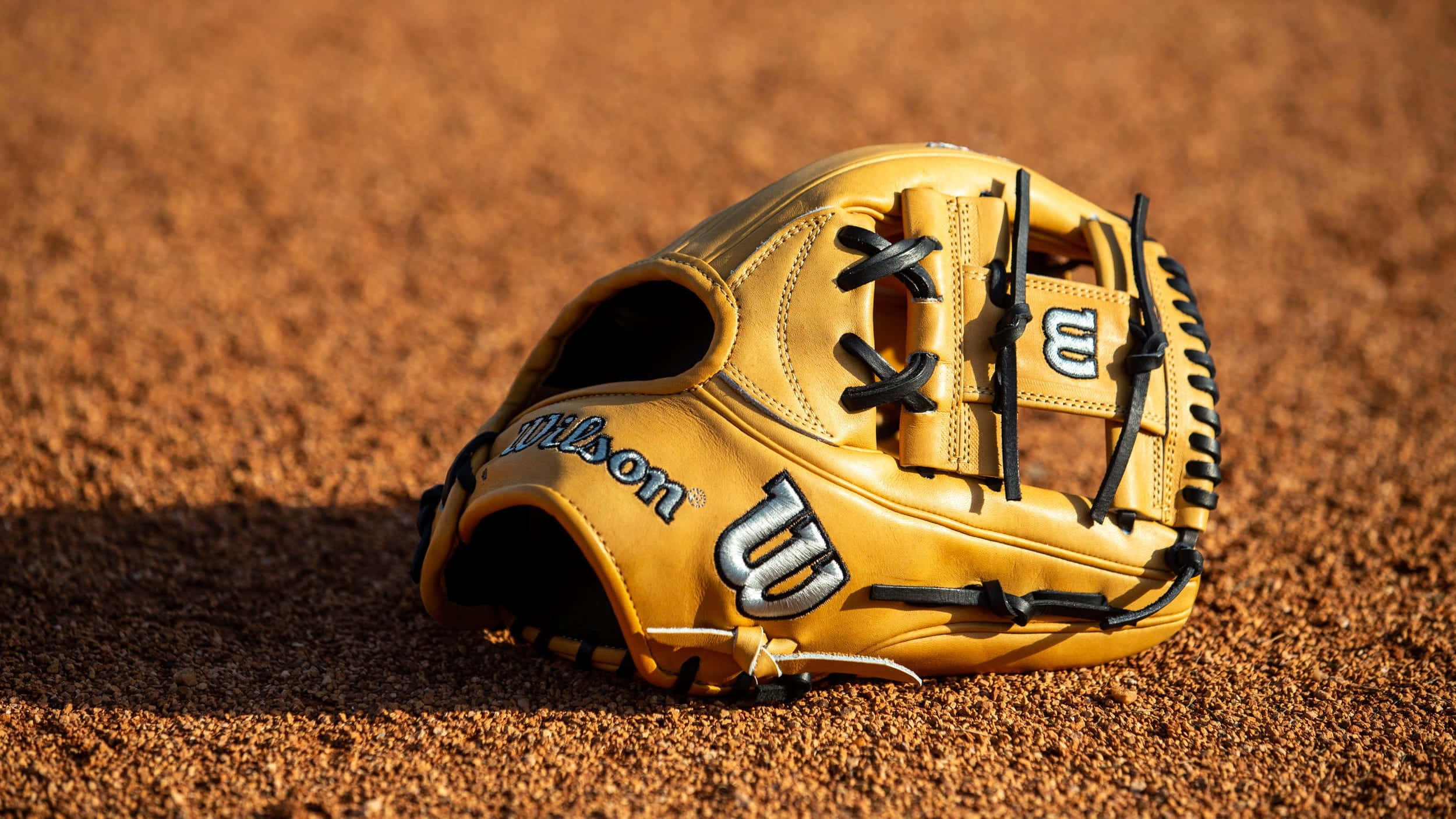 golden baseball glove, sunlit brown dirt field, bright daylight, Full HD Desktop Wallpaper