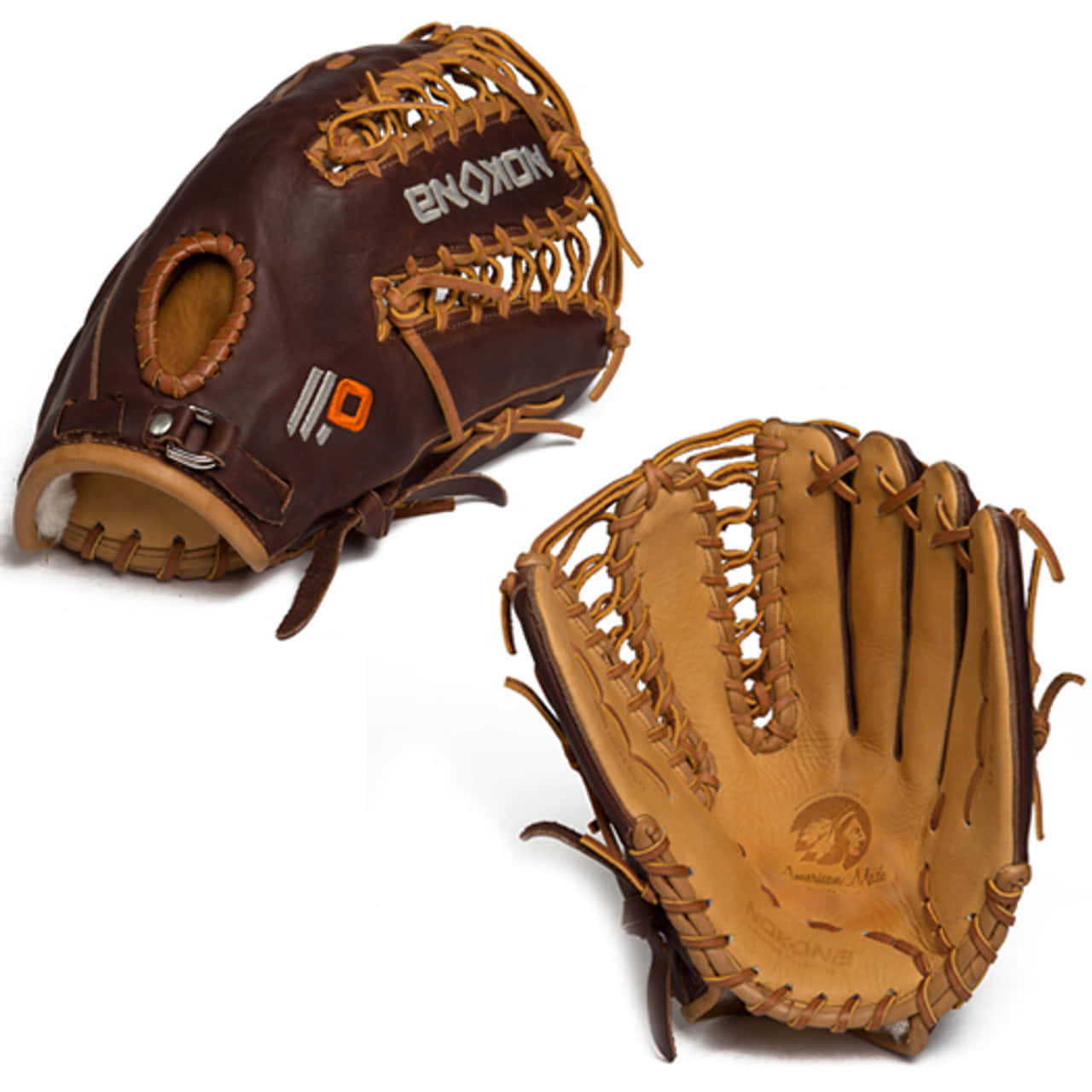 brown leather baseball gloves, tan lacing, brand logos, HD Desktop Wallpaper