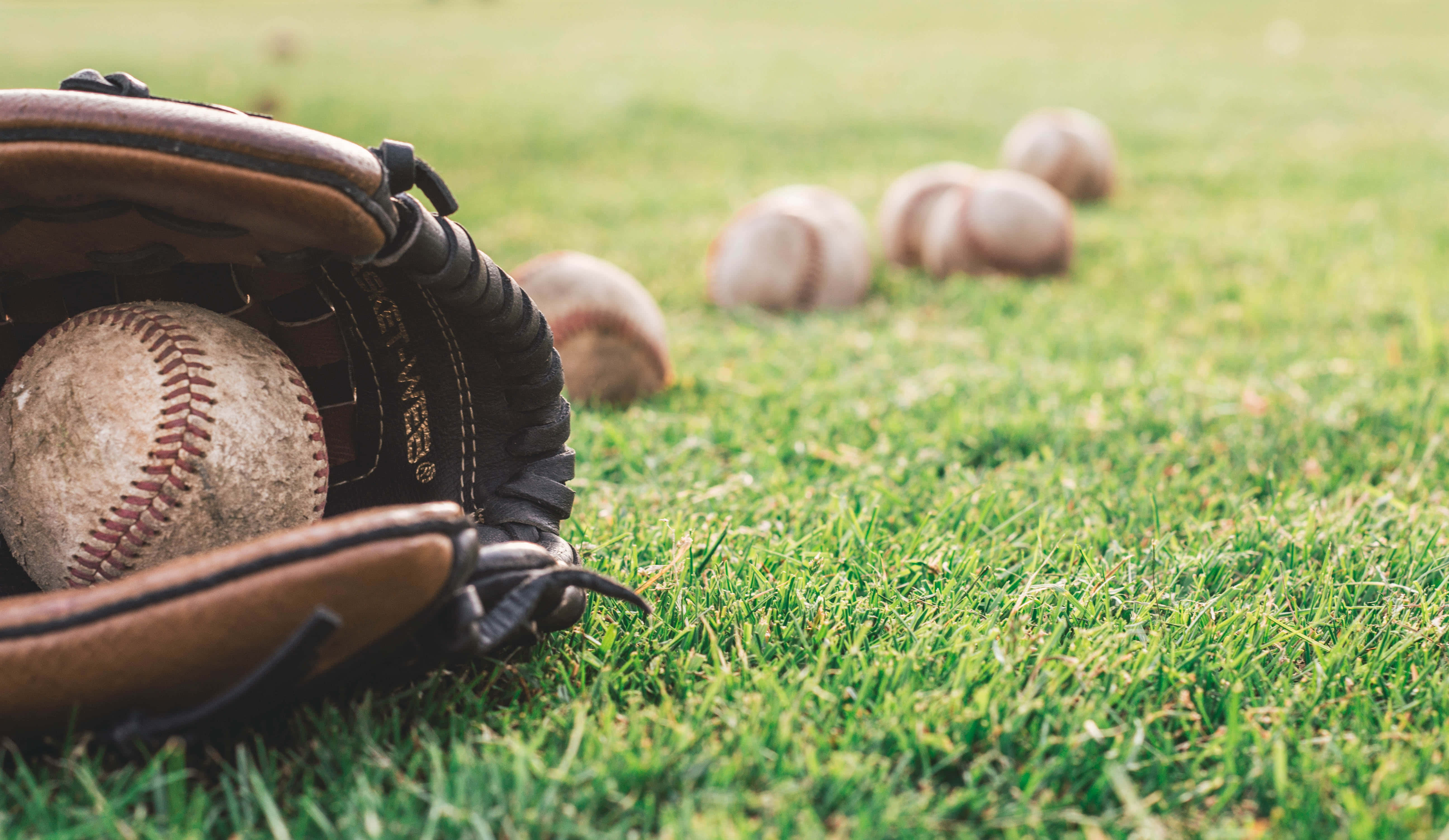 baseball gloves, wooden background, vibrant green grass, 5K Desktop Wallpaper