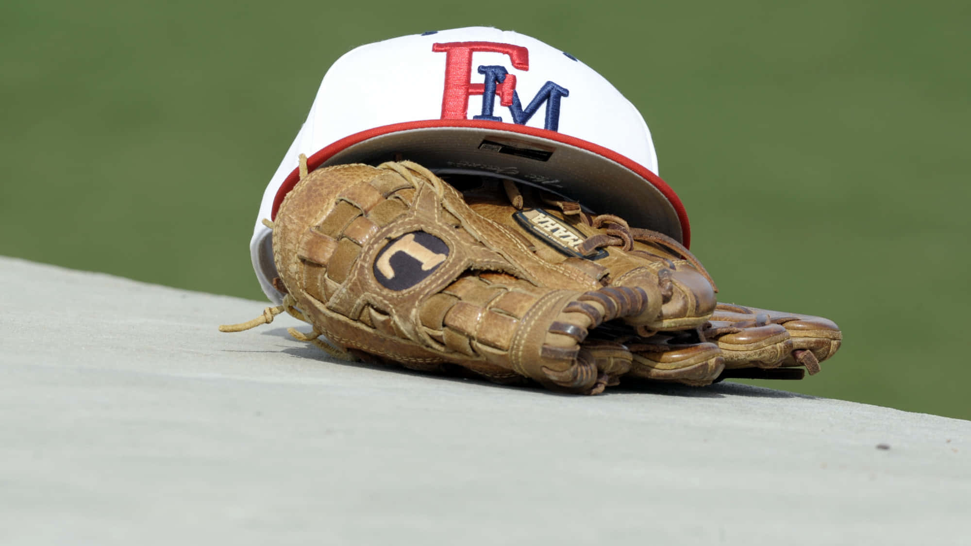 brown leather baseball glove, white cap, red and blue 'FM' logo, Full HD Desktop Wallpaper