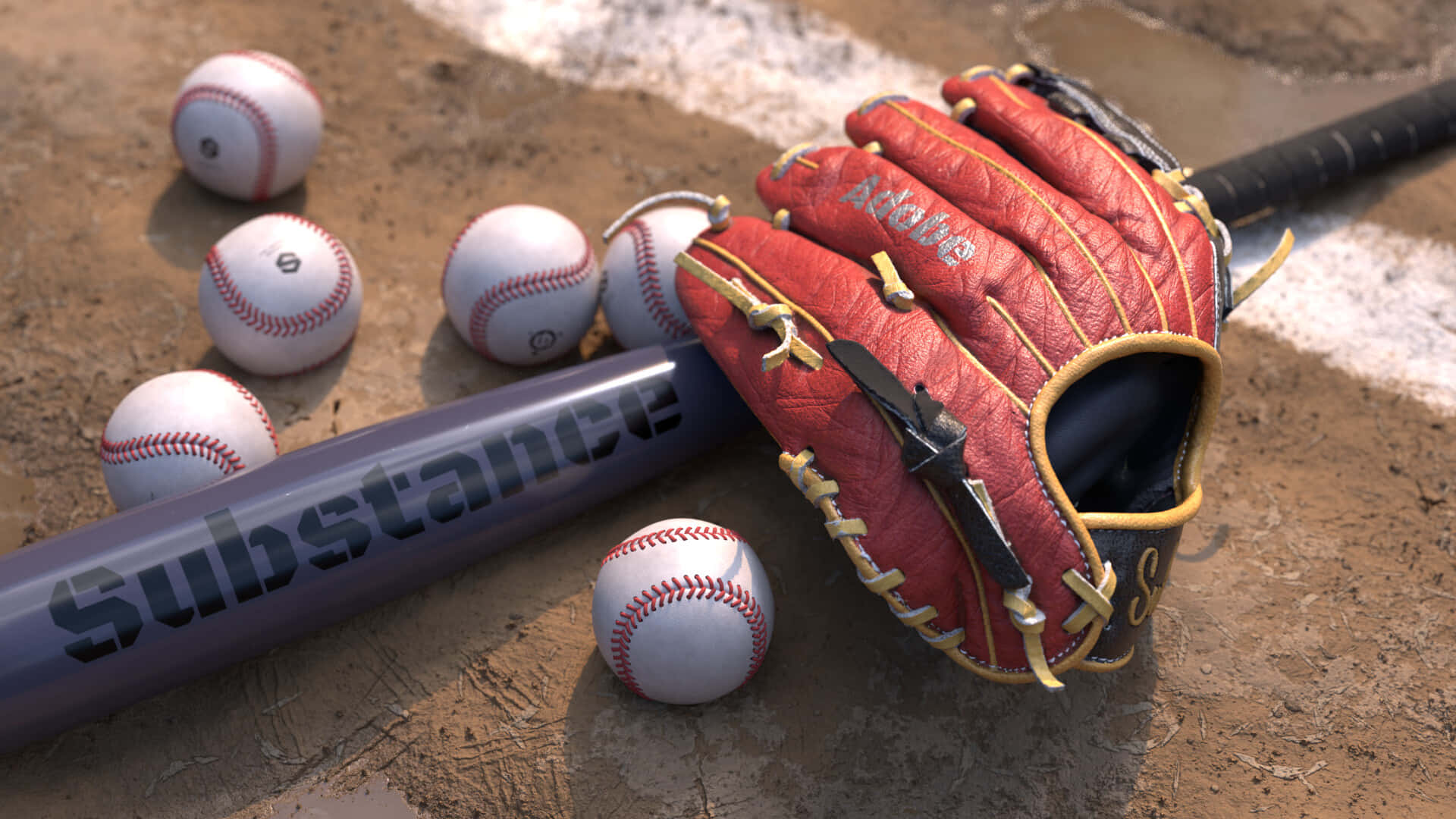 red baseball glove, bat, dirt, Full HD Desktop Wallpaper