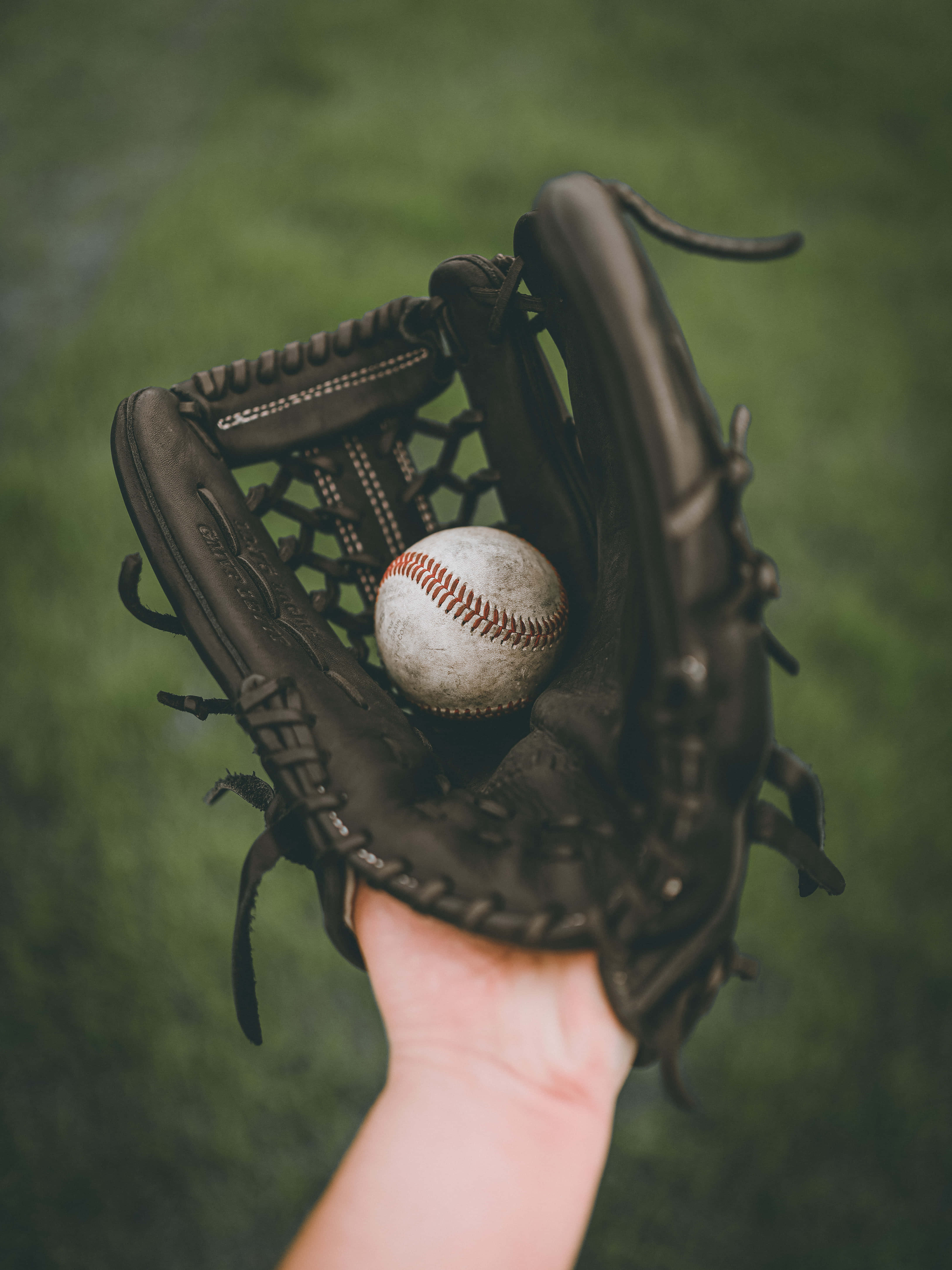 baseball glove, worn black baseball glove, well-used white baseball with red stitching, 5K Phone Wallpaper