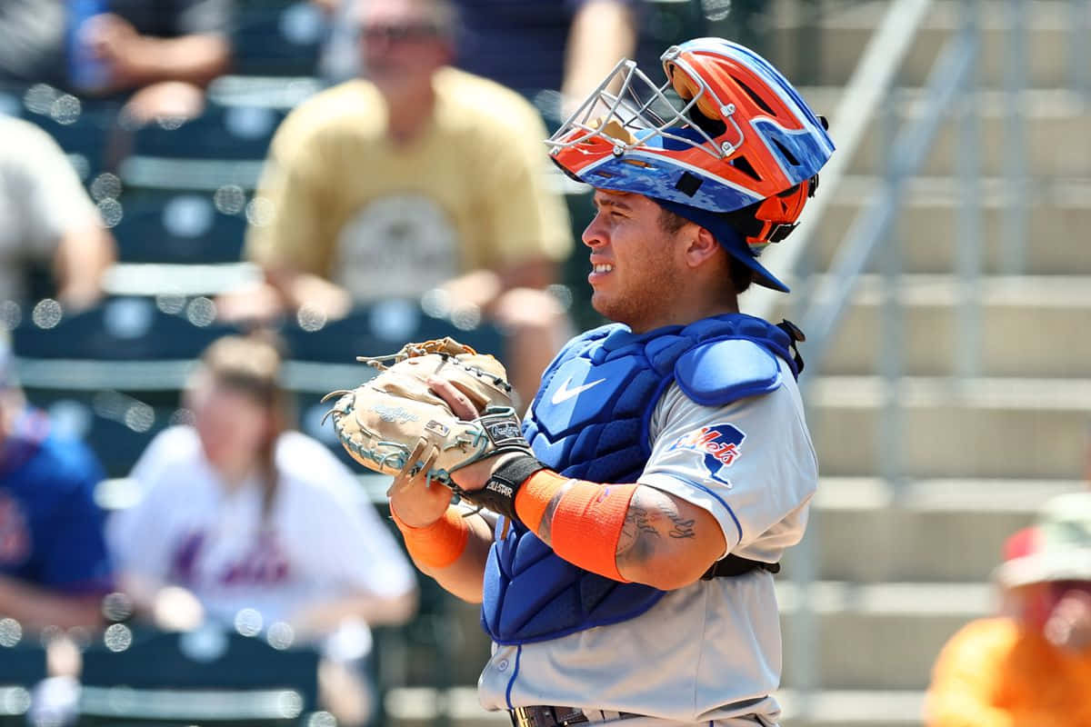 baseball catcher, blue and orange gear, sunny stadium, SD Desktop Wallpaper