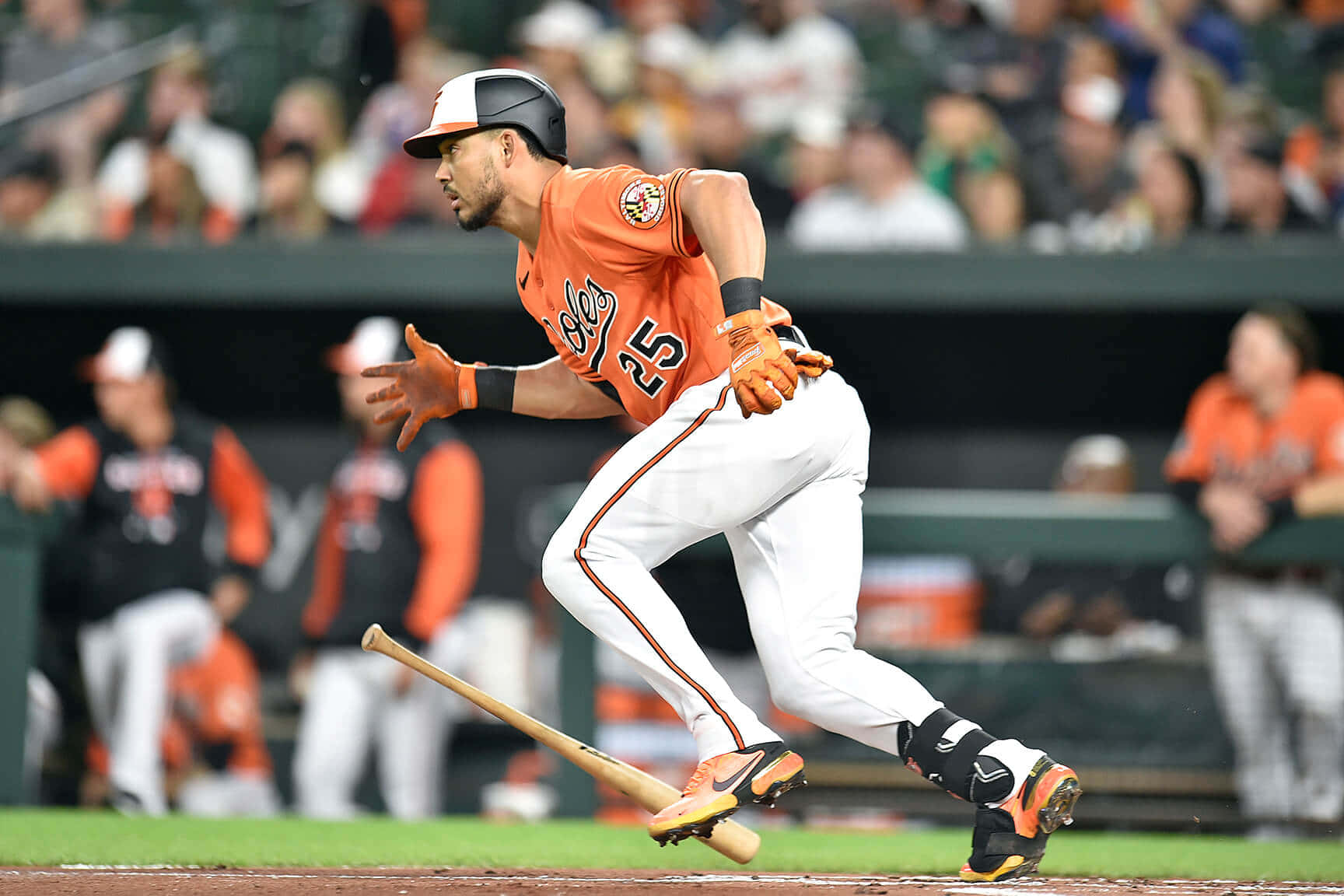 baseball player, orange and white uniform, bat in hand, HD Desktop Wallpaper