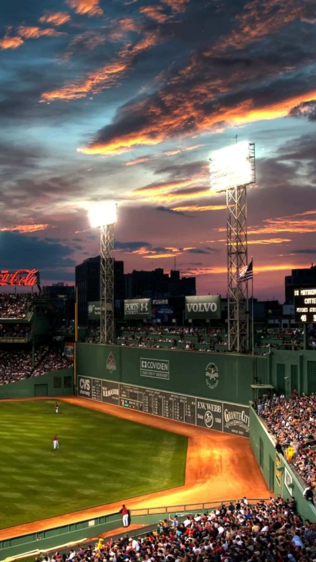 Baseball Stadium, sunset, vibrant orange clouds, Full HD Phone Wallpaper