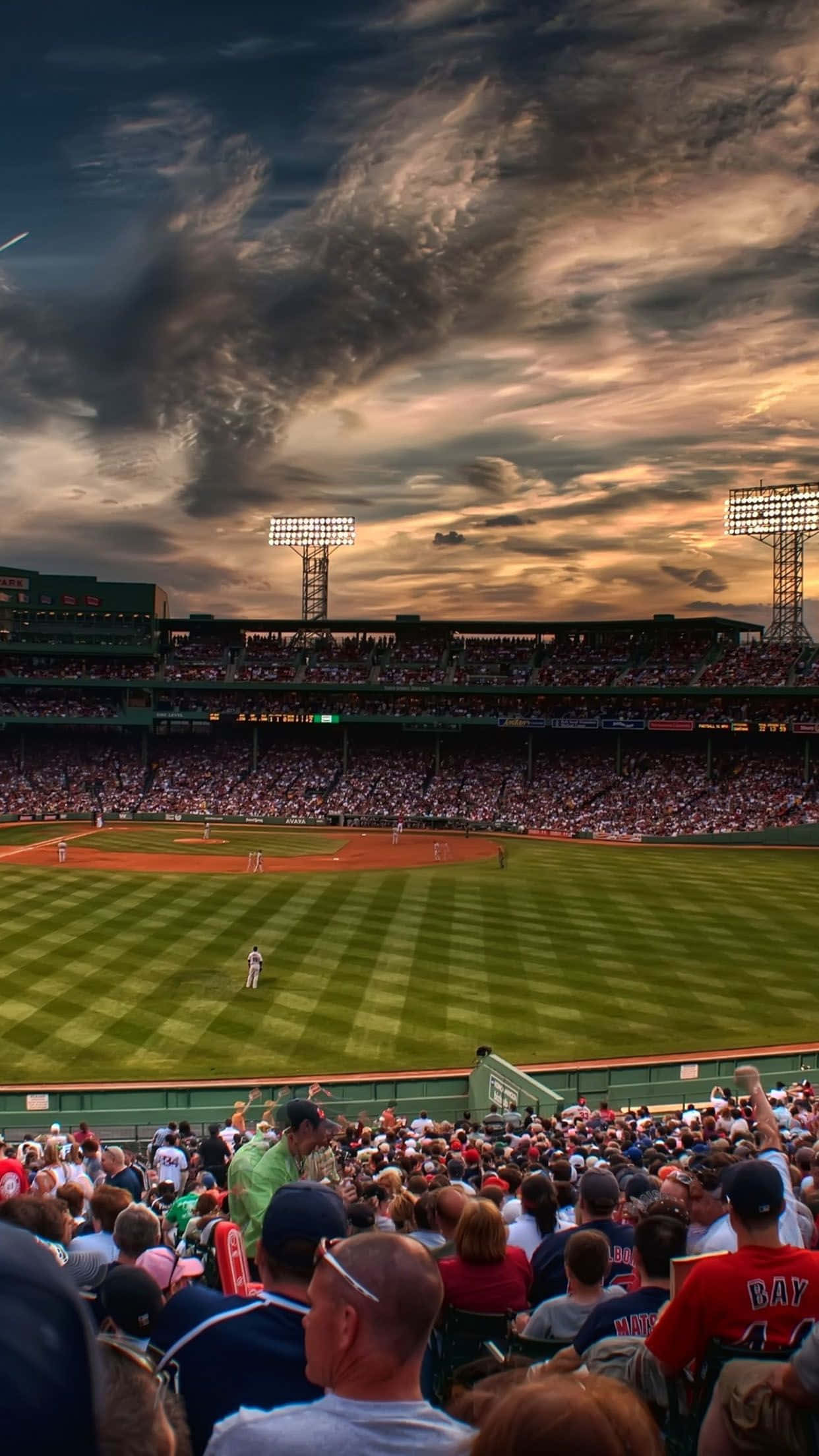 baseball stadium, sunset, dramatic clouds, Full HD Phone Wallpaper