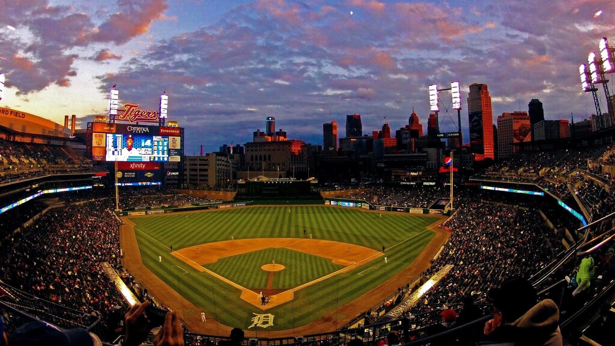 Baseball Stadium, dusk, vibrant city skyline, Full HD Desktop Wallpaper