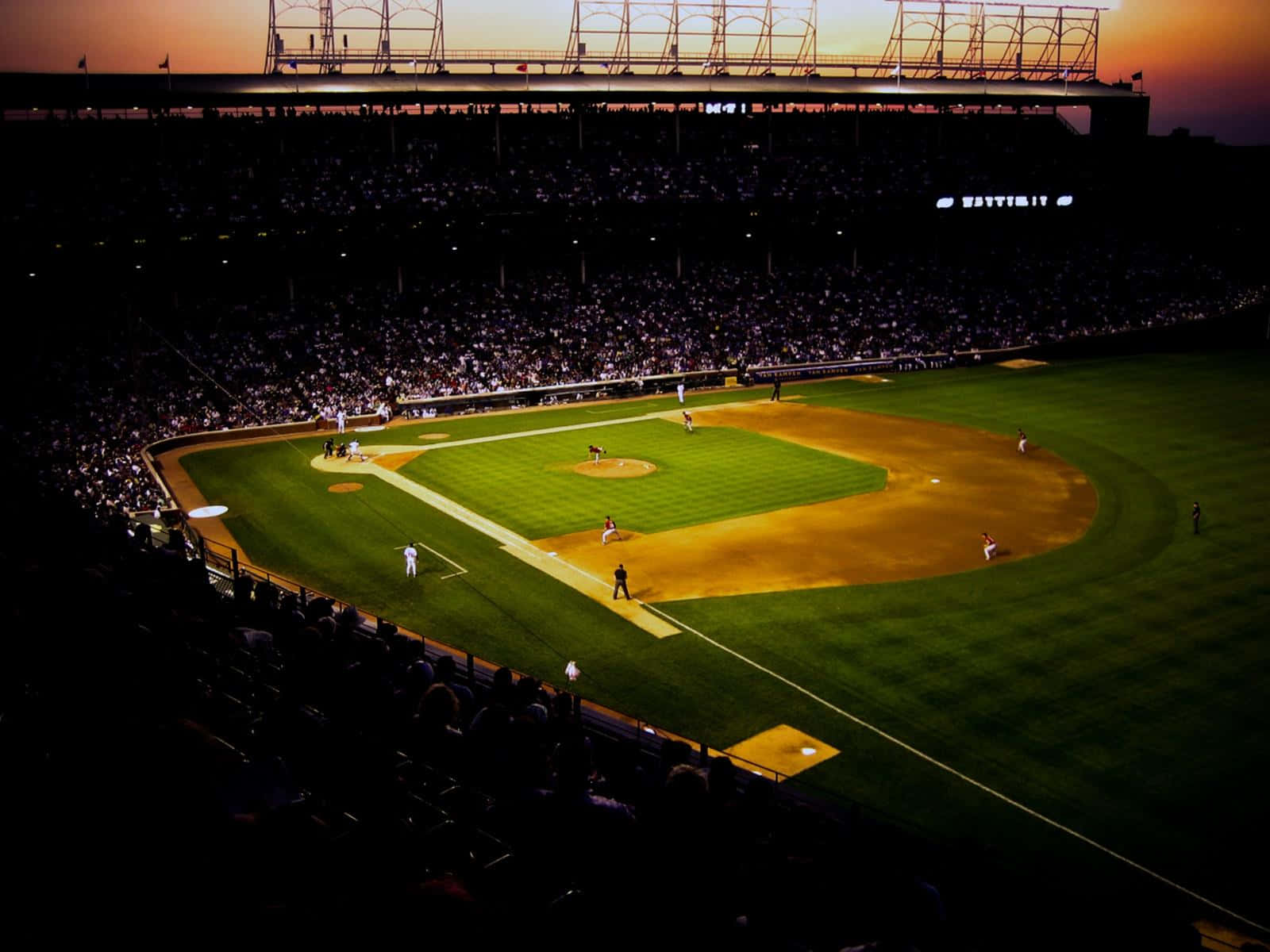 baseball stadium, dusk, players on the field, HD Desktop Wallpaper