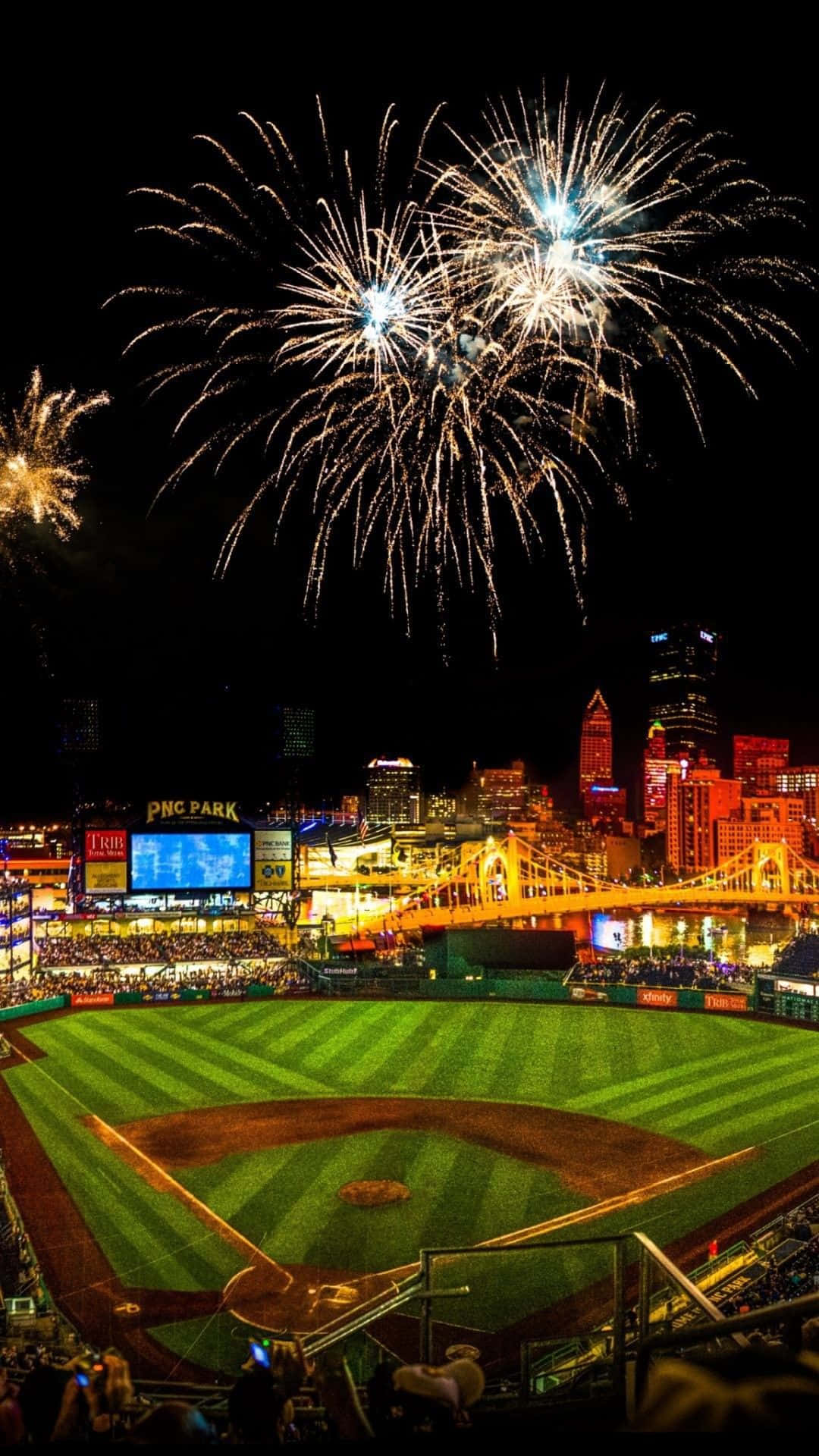 Baseball Stadium, night, fireworks, Full HD Phone Wallpaper