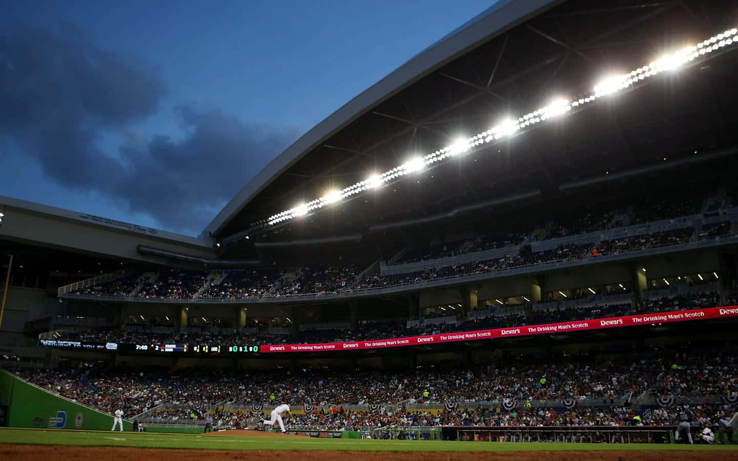 Baseball Stadium, dusk, bright lights, HD Desktop Wallpaper
