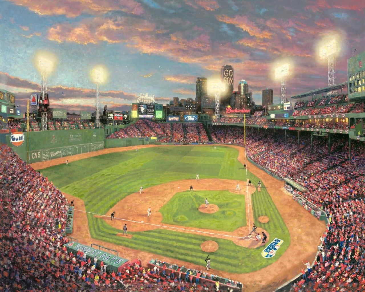 Baseball Stadium, sunset, glowing lights, HD Desktop Wallpaper
