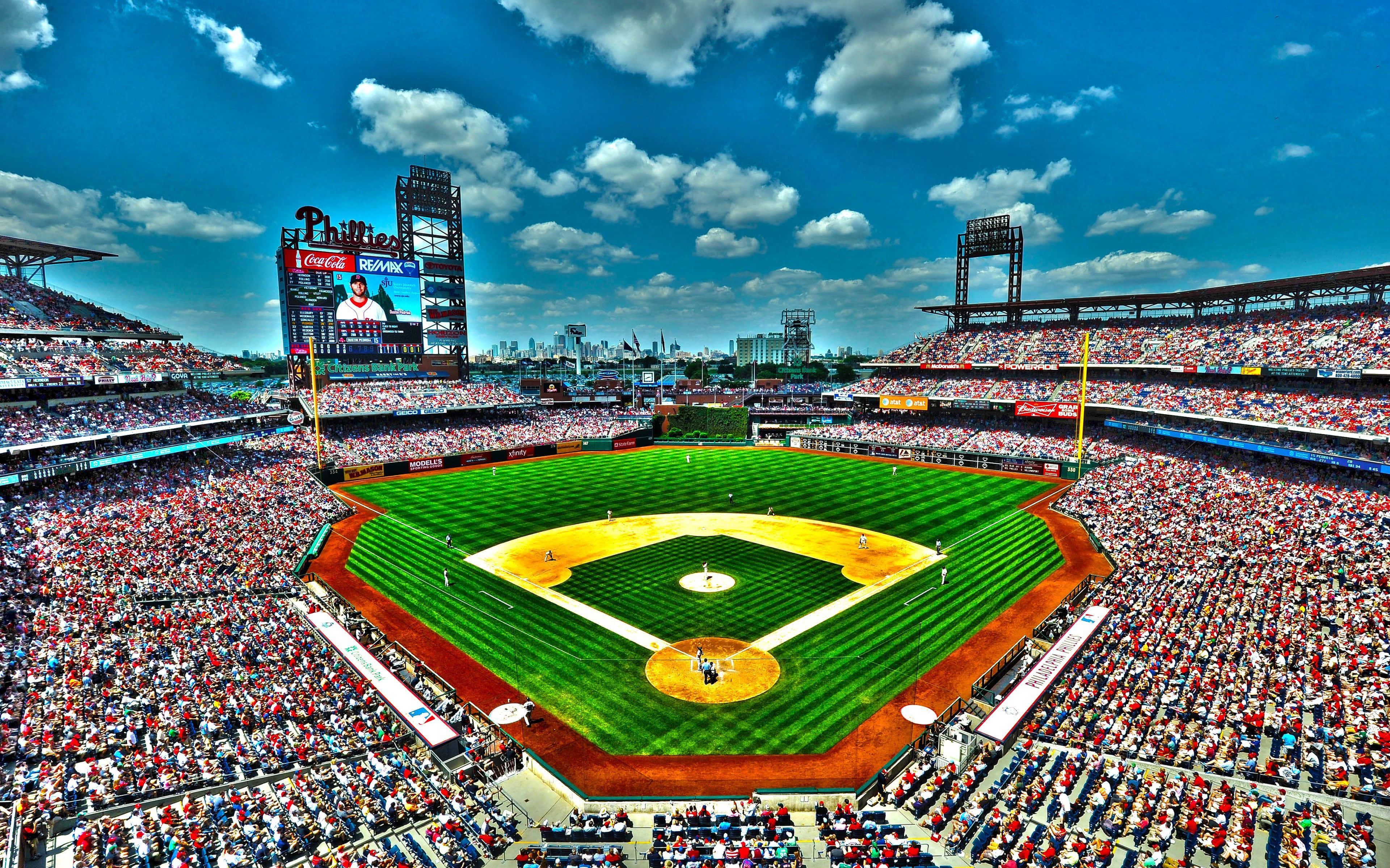 Baseball Stadium, evening sky, aerial view, 4K Desktop Wallpaper