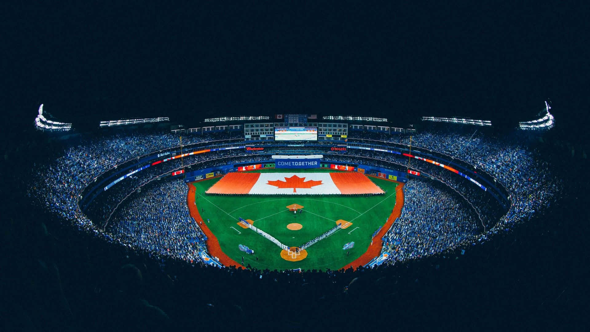 baseball stadium, night view, giant Canadian flag, Full HD Desktop Wallpaper