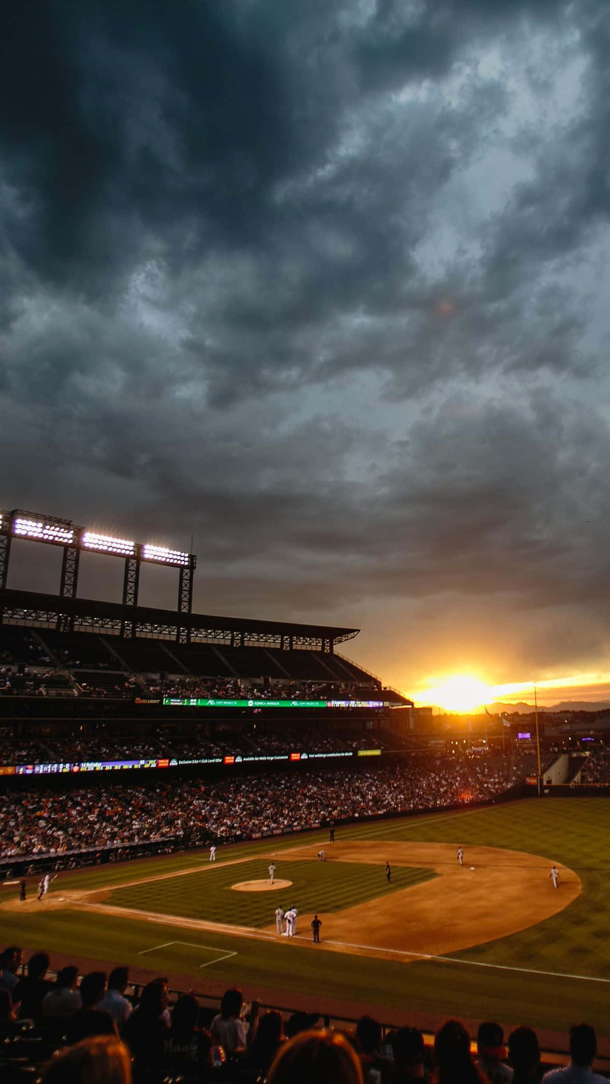 Baseball Stadium, sunset sky, dark clouds, Full HD Phone Wallpaper