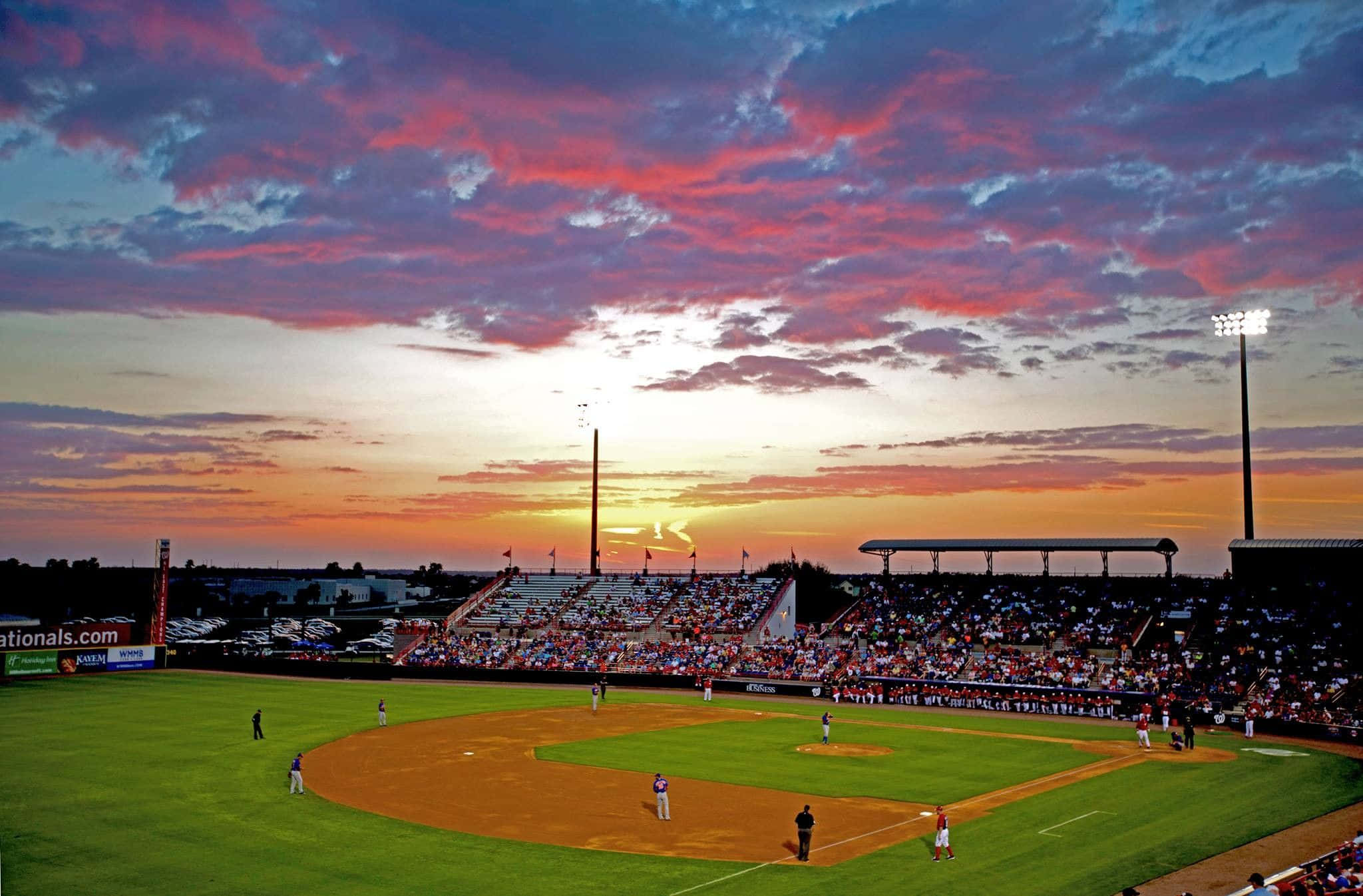 Baseball Stadium, sunset, vibrant pink orange sky, Full HD Desktop Wallpaper