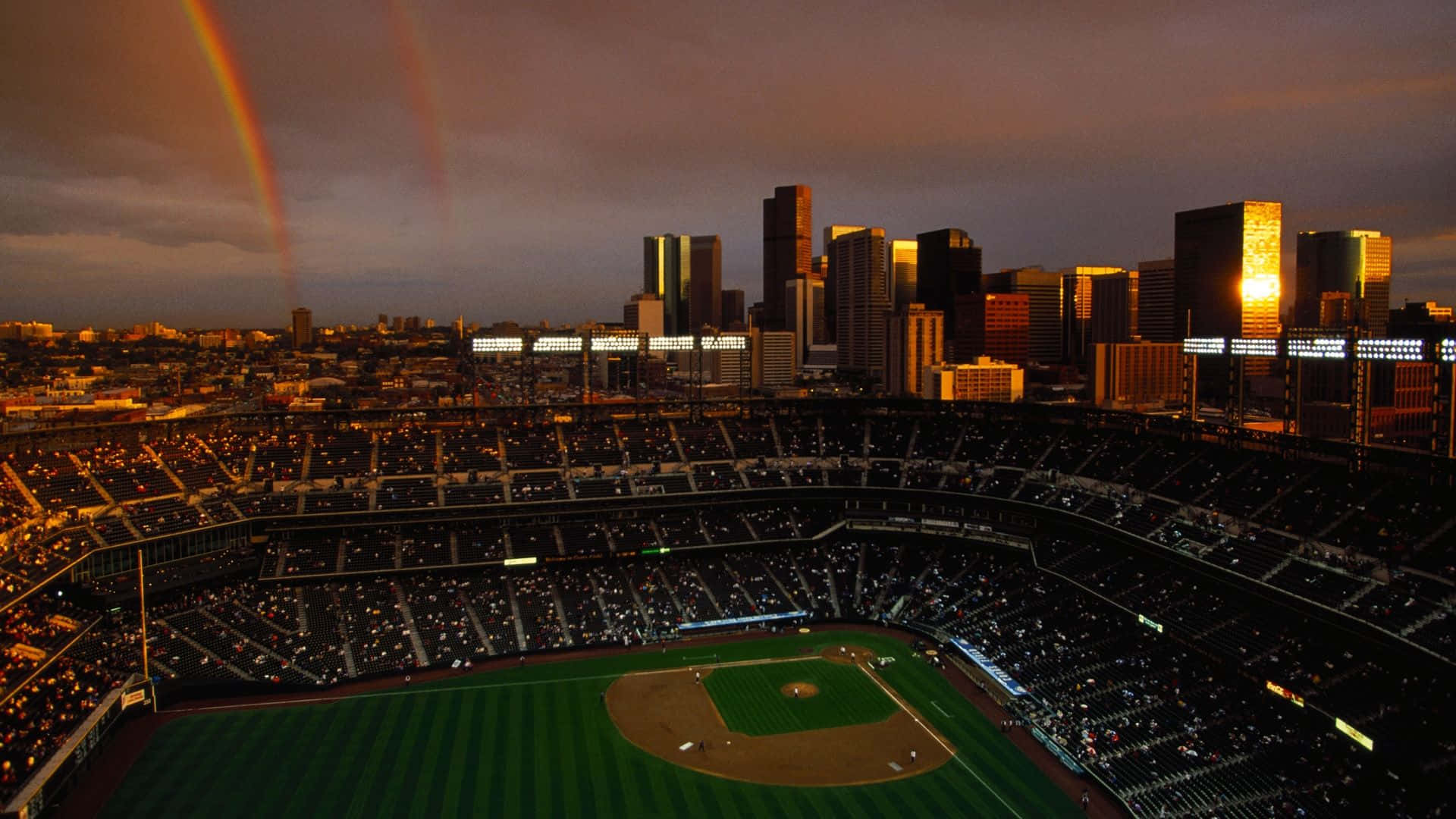 Baseball Stadium, double rainbow, city skyline, Full HD Desktop Wallpaper
