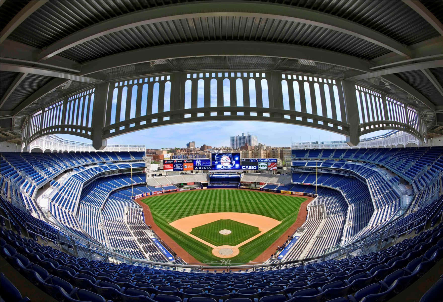 baseball stadium, blue seats, green field, HD Desktop Wallpaper