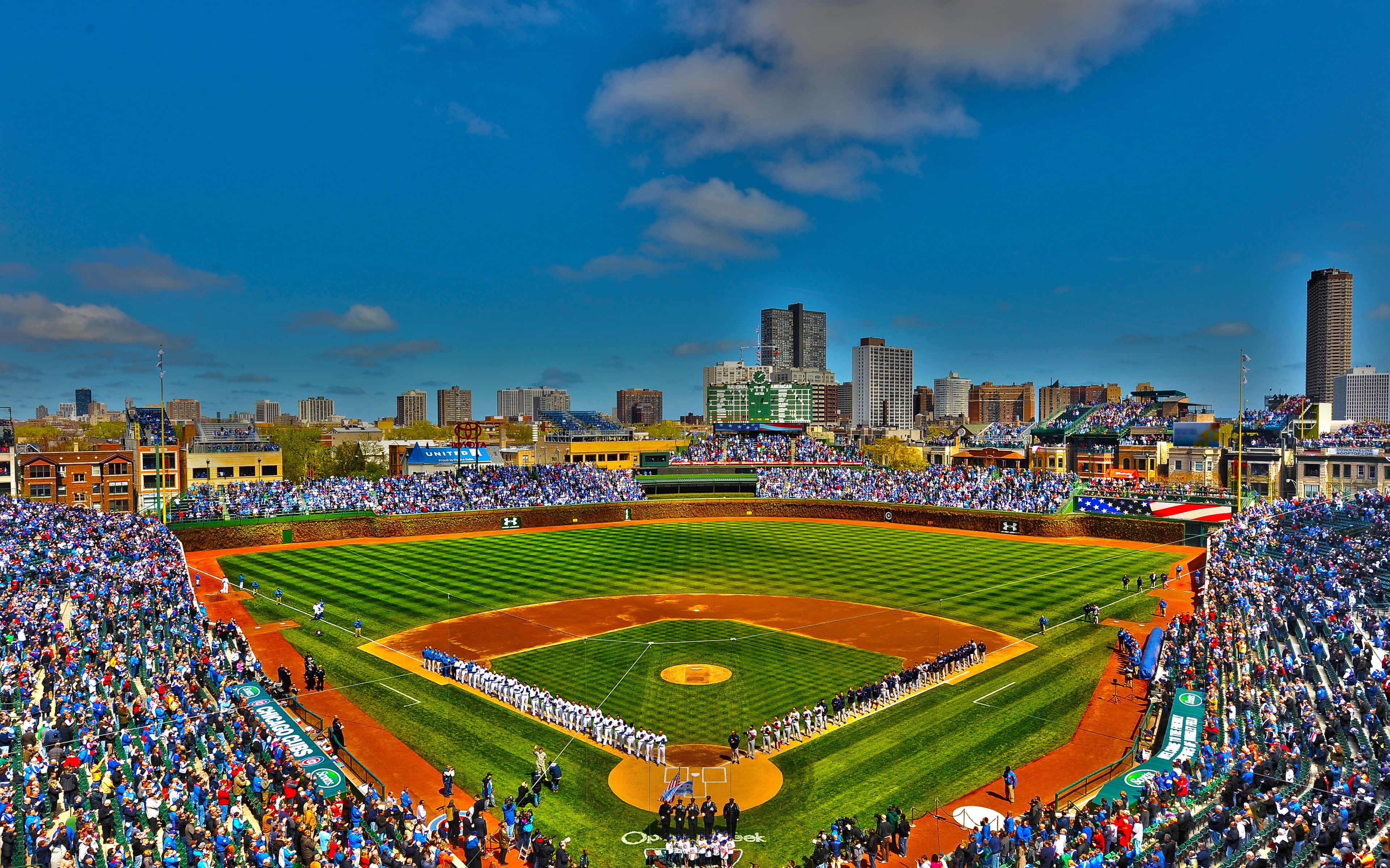 Baseball Stadium, bright blue sky, scattered clouds, 4K Desktop Wallpaper