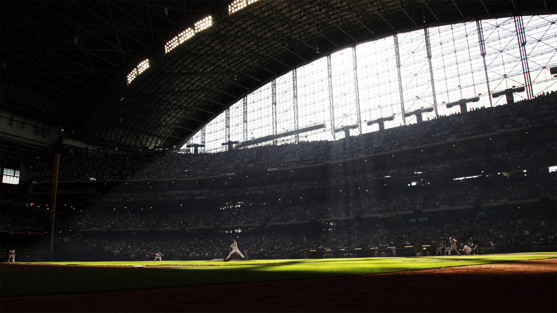 baseball pitcher, sunlit dome stadium, fans in the stands, Full HD Desktop Wallpaper