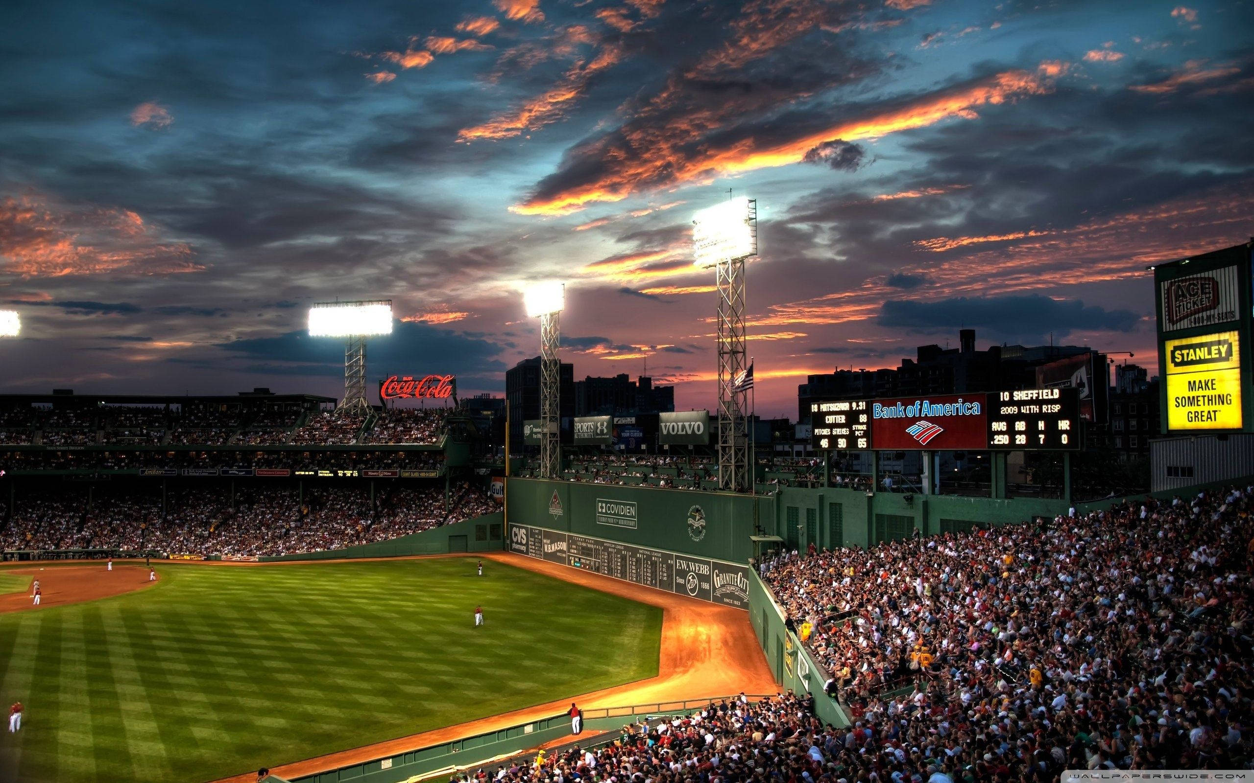 baseball stadium, dusk, vibrant orange and purple clouds, 2K Desktop Wallpaper
